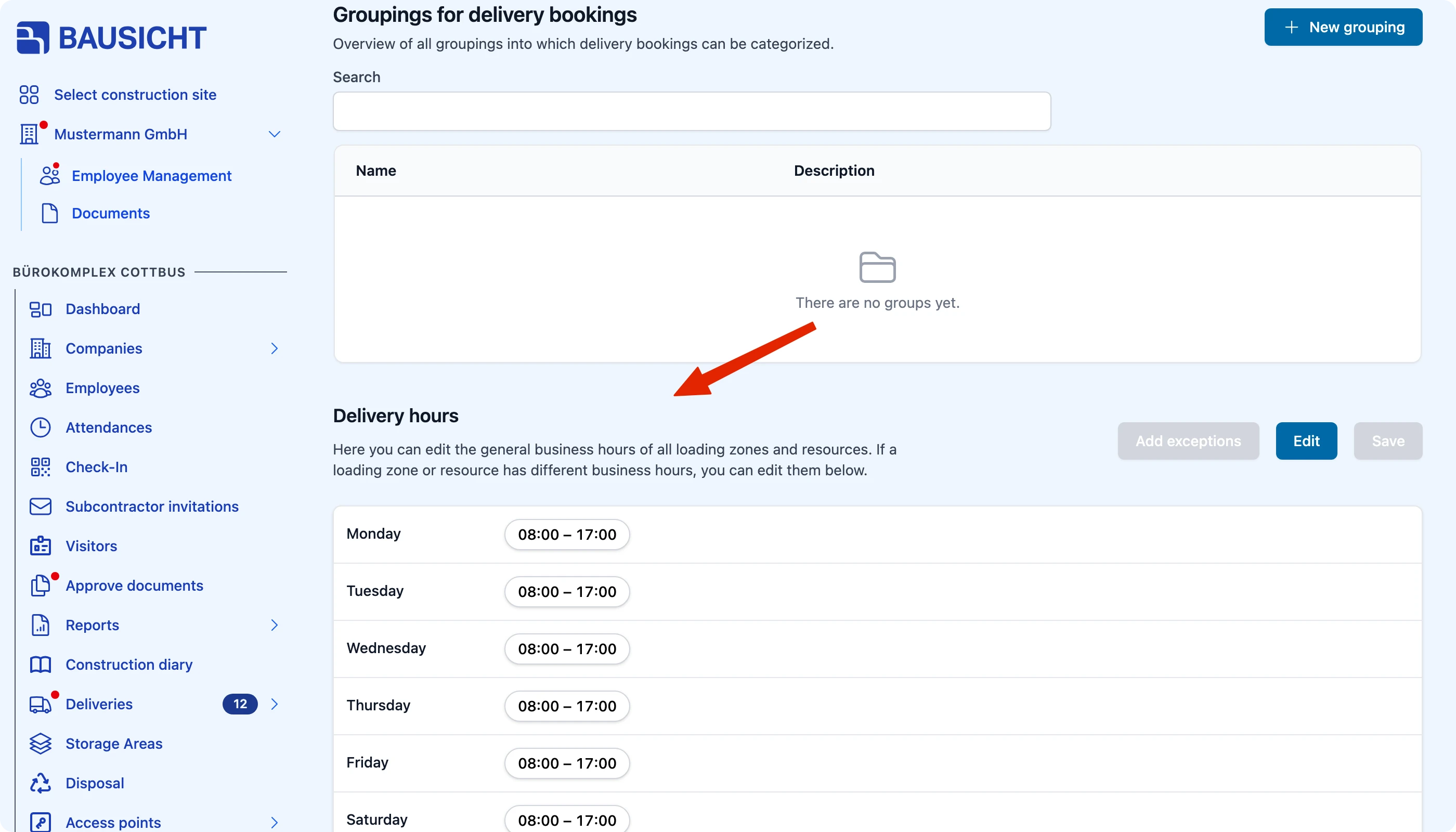 The “Opening hours for deliveries” section with the time slots per resource and zone