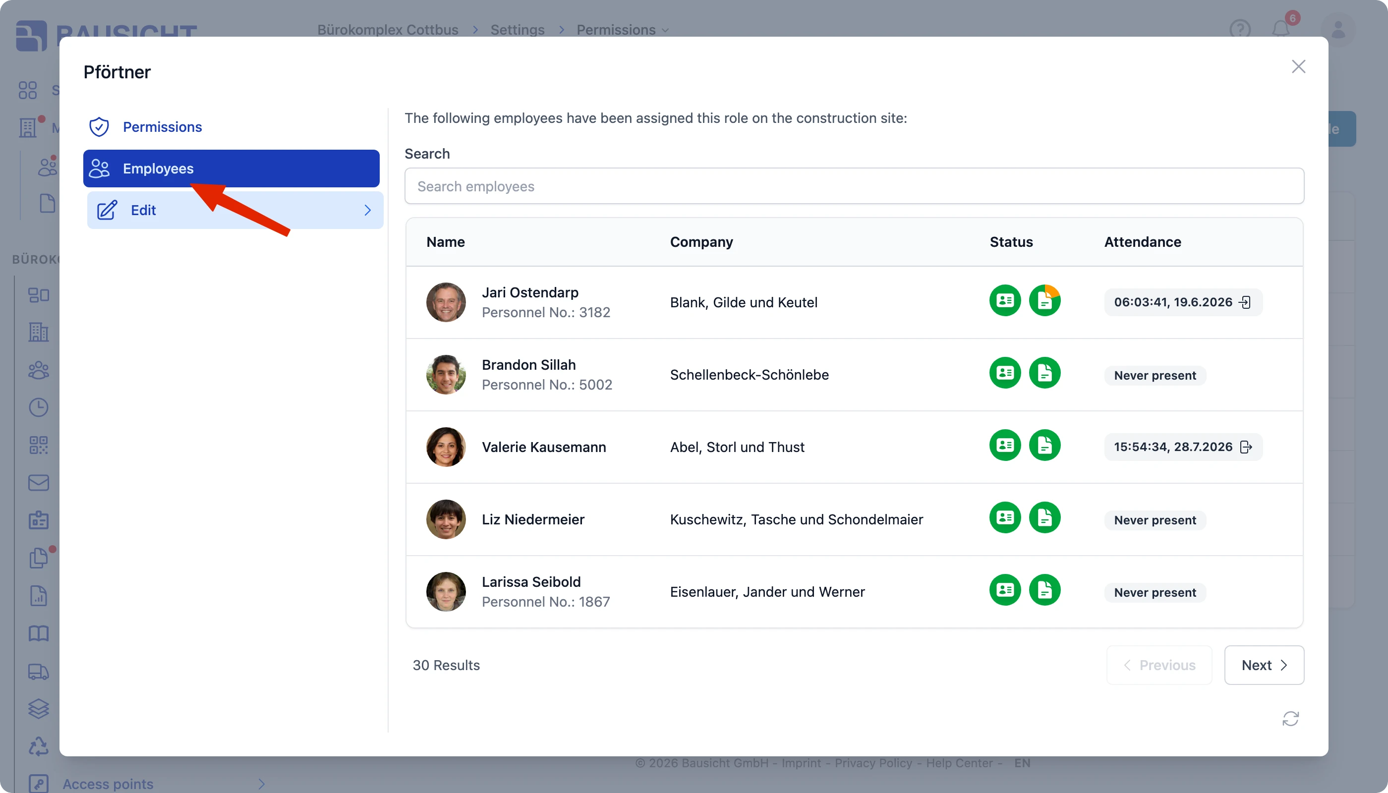 The Employees tab in the permissions modal lists everyone with that role