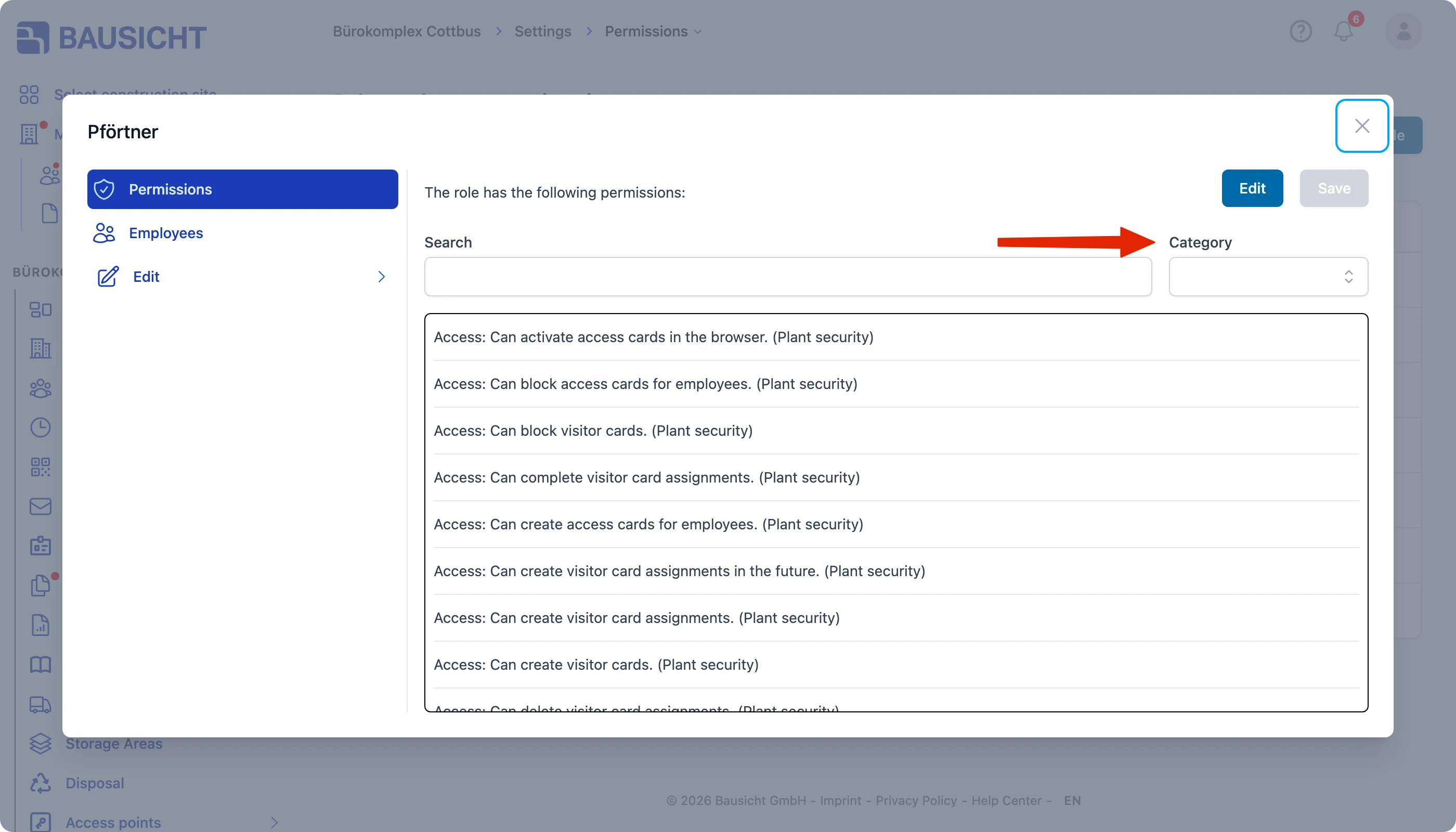 Narrow down the permissions in the modal with the Category filter