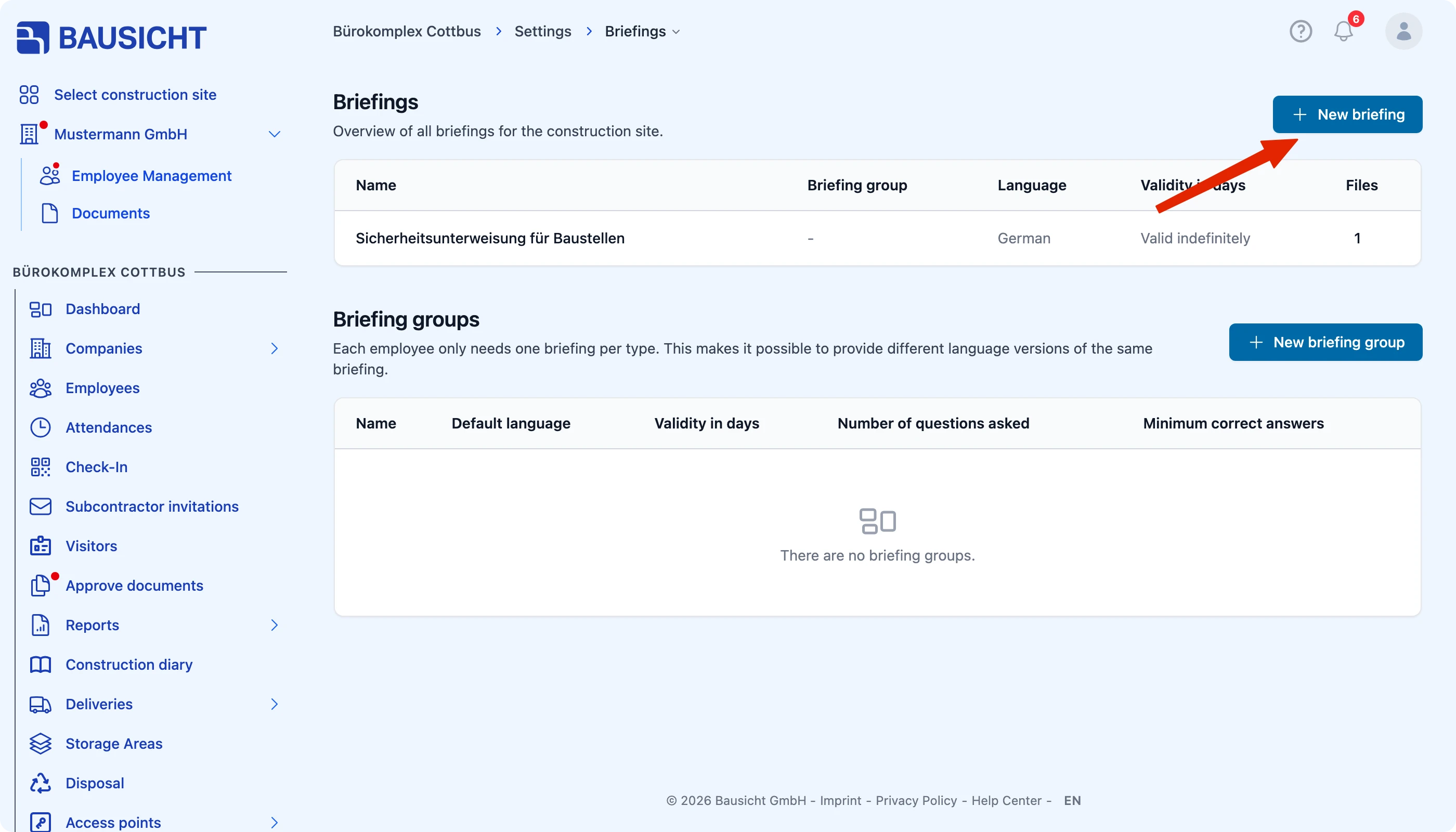 Settings → Safety briefings with the list of briefings
