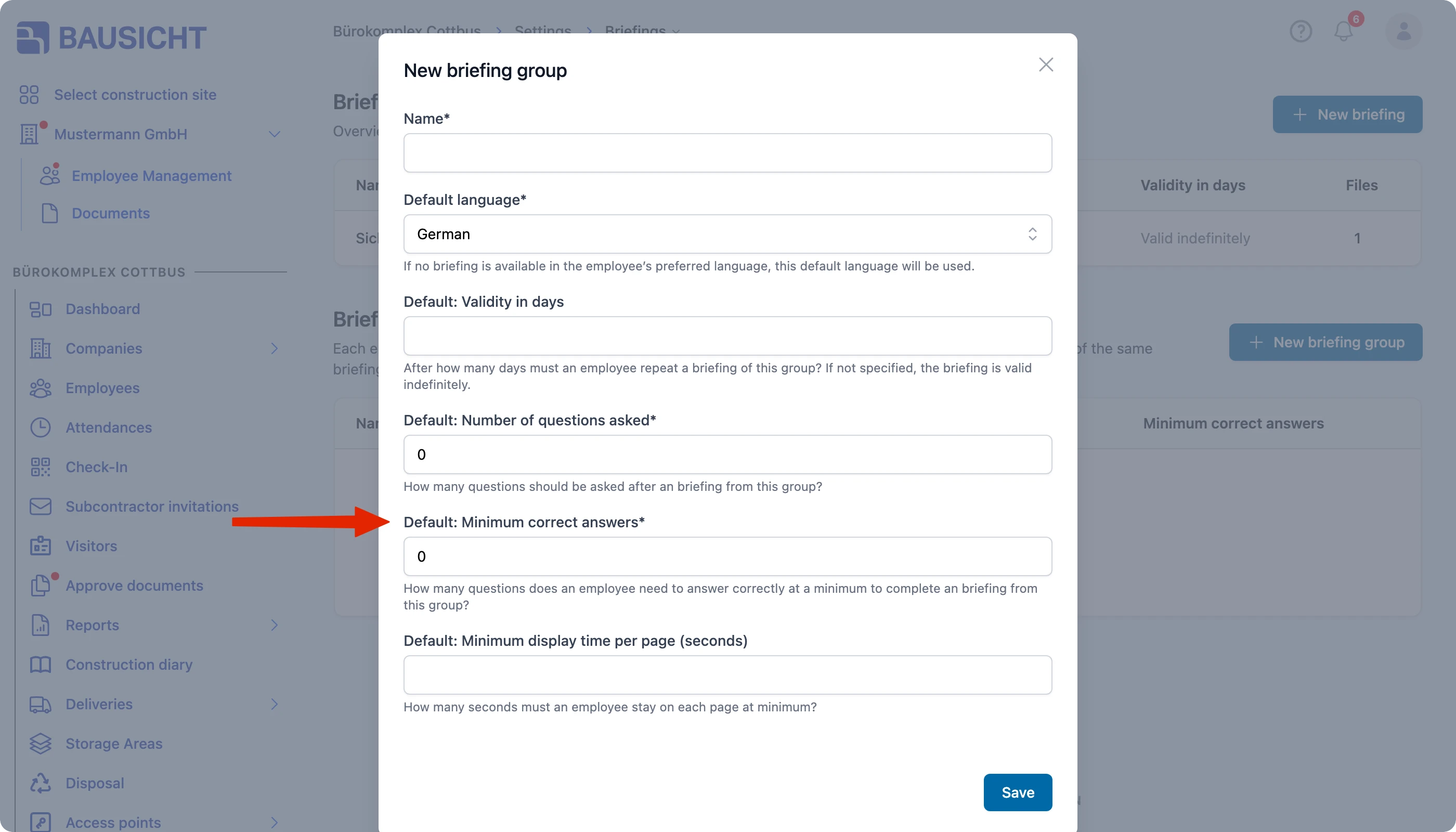 New briefing group dialog with number of questions, minimum correct answers and display duration