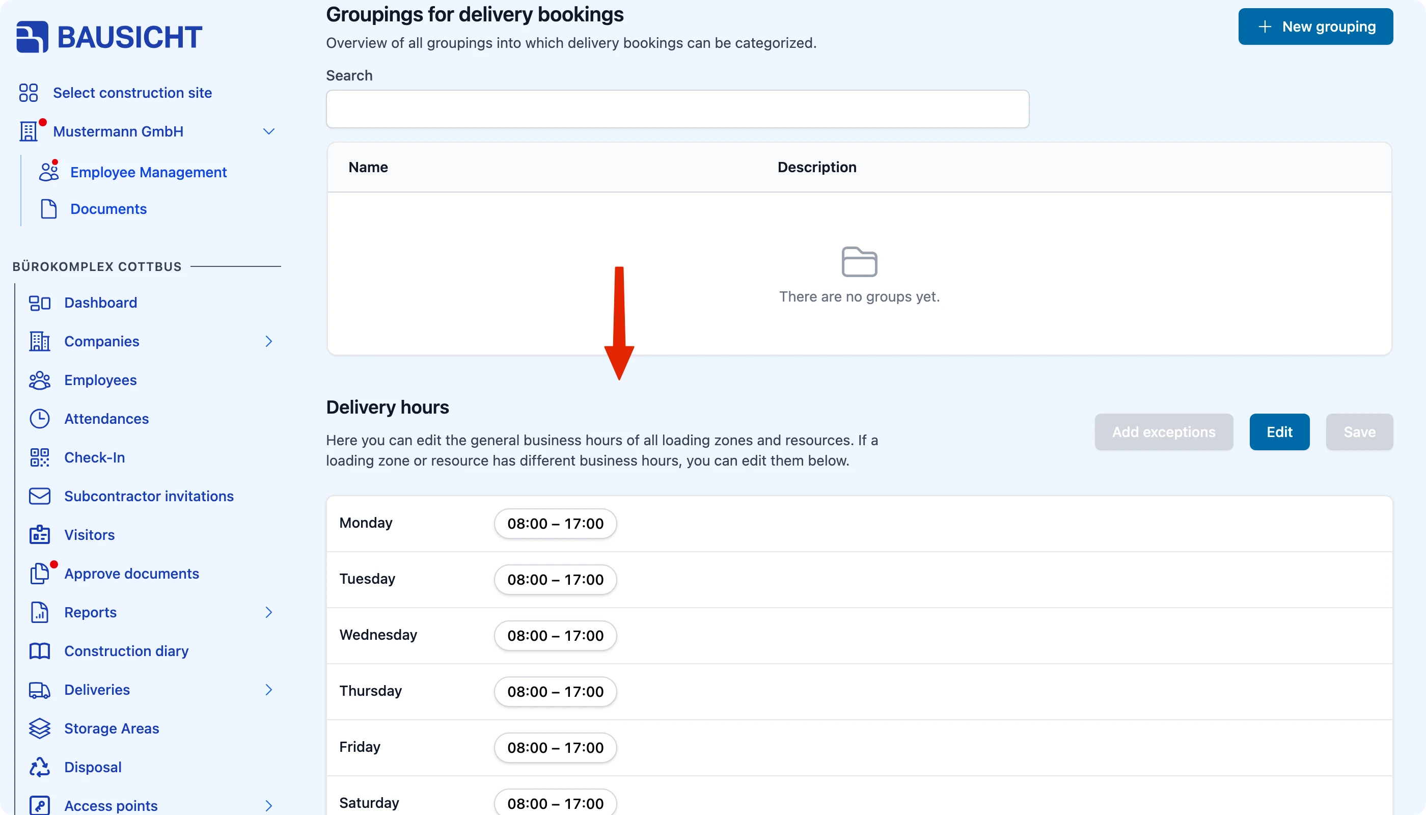Opening hours for deliveries section in the logistics settings