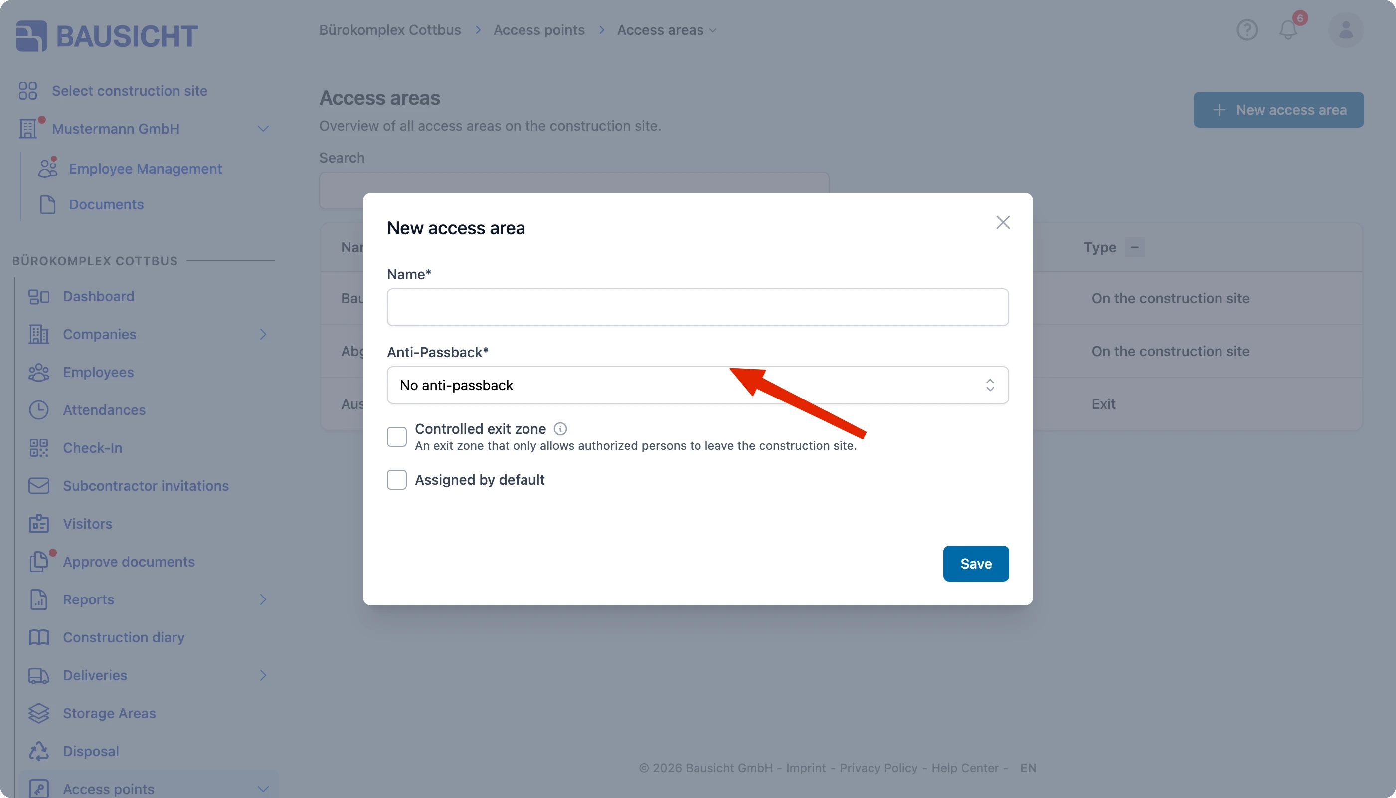 Configure the access area