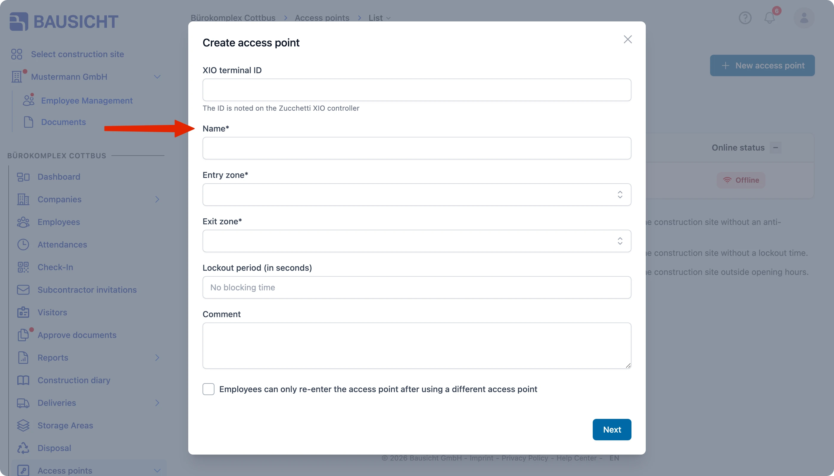 Create access point dialog with the name field