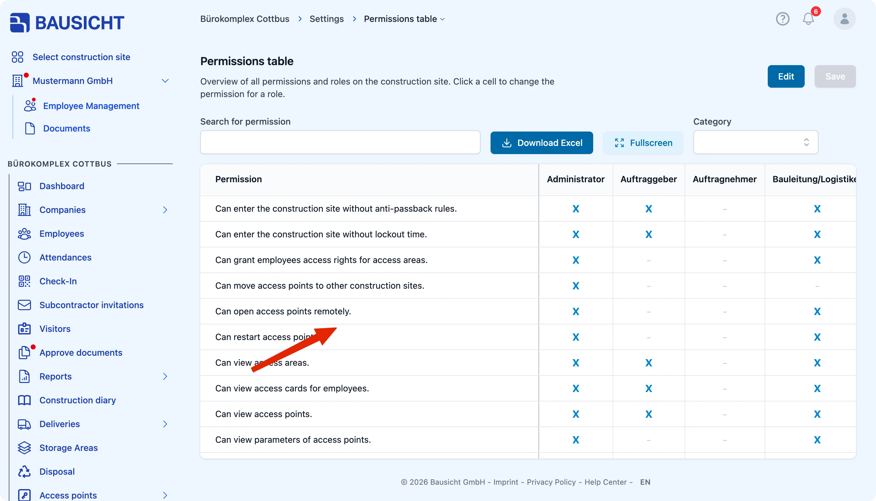 Permission to open access points remotely in the permissions table