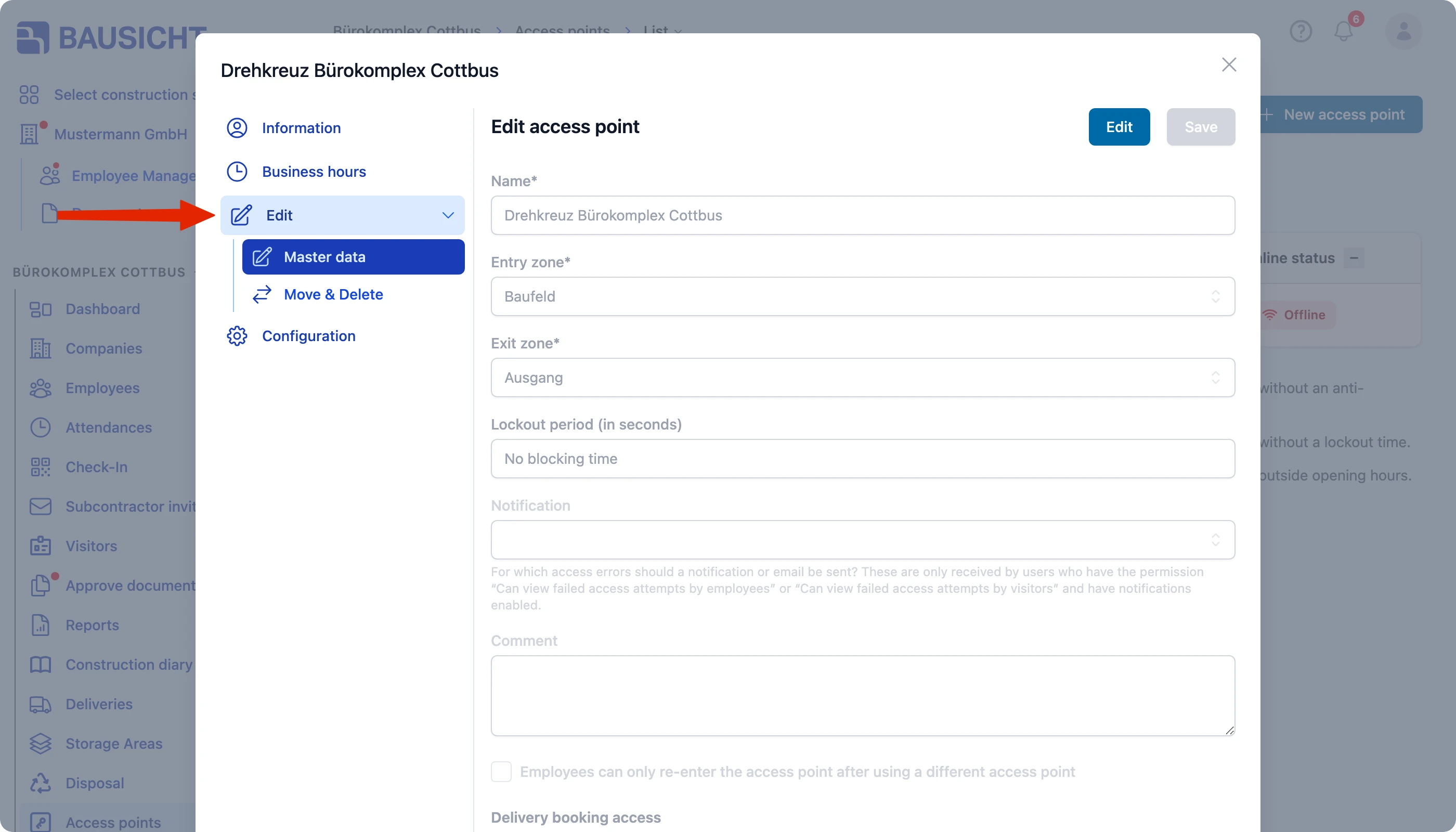 Opening the editing view of the access point via “Edit”