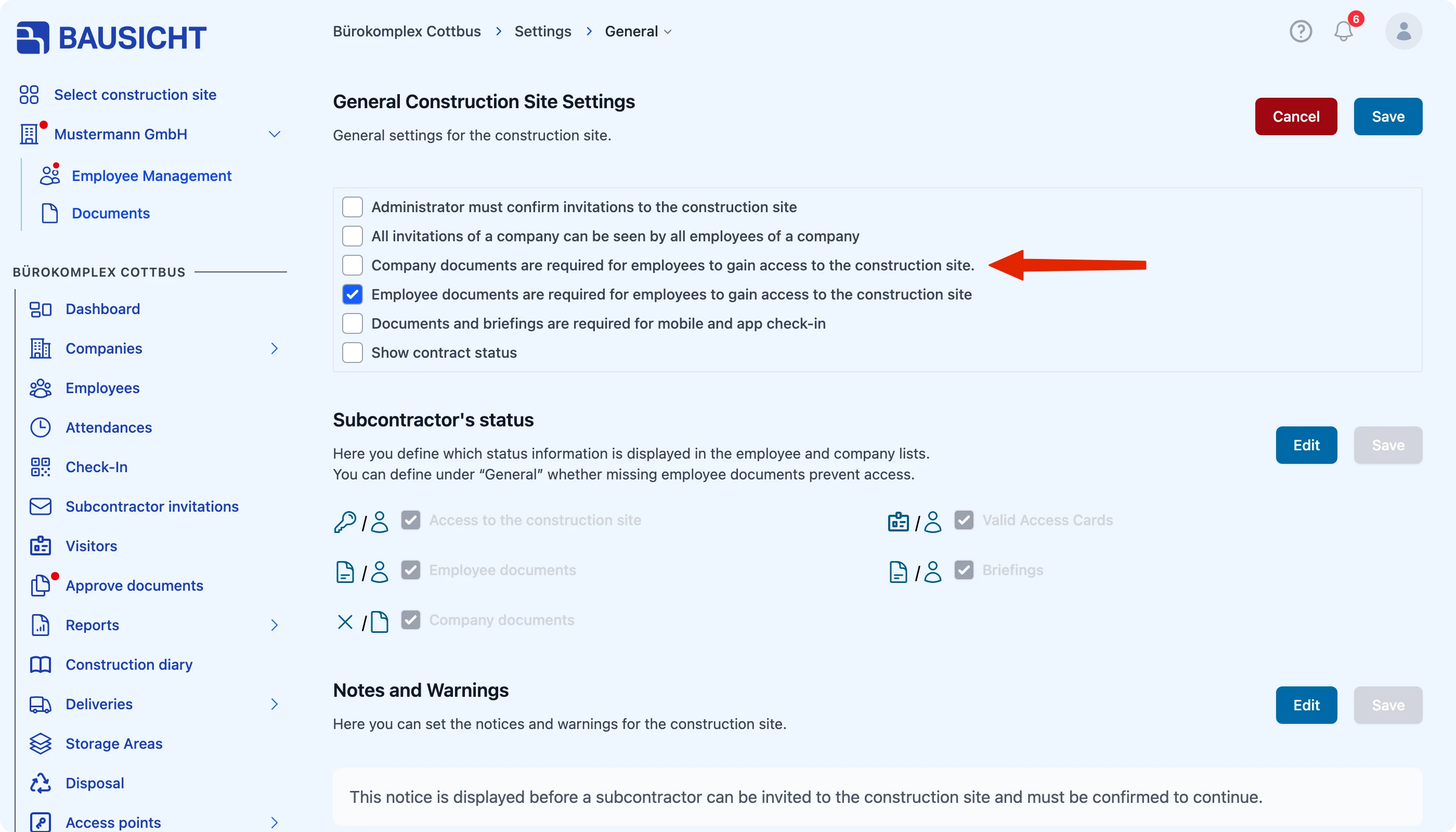 Checkbox “Company documents are required for employees to gain access to the site”