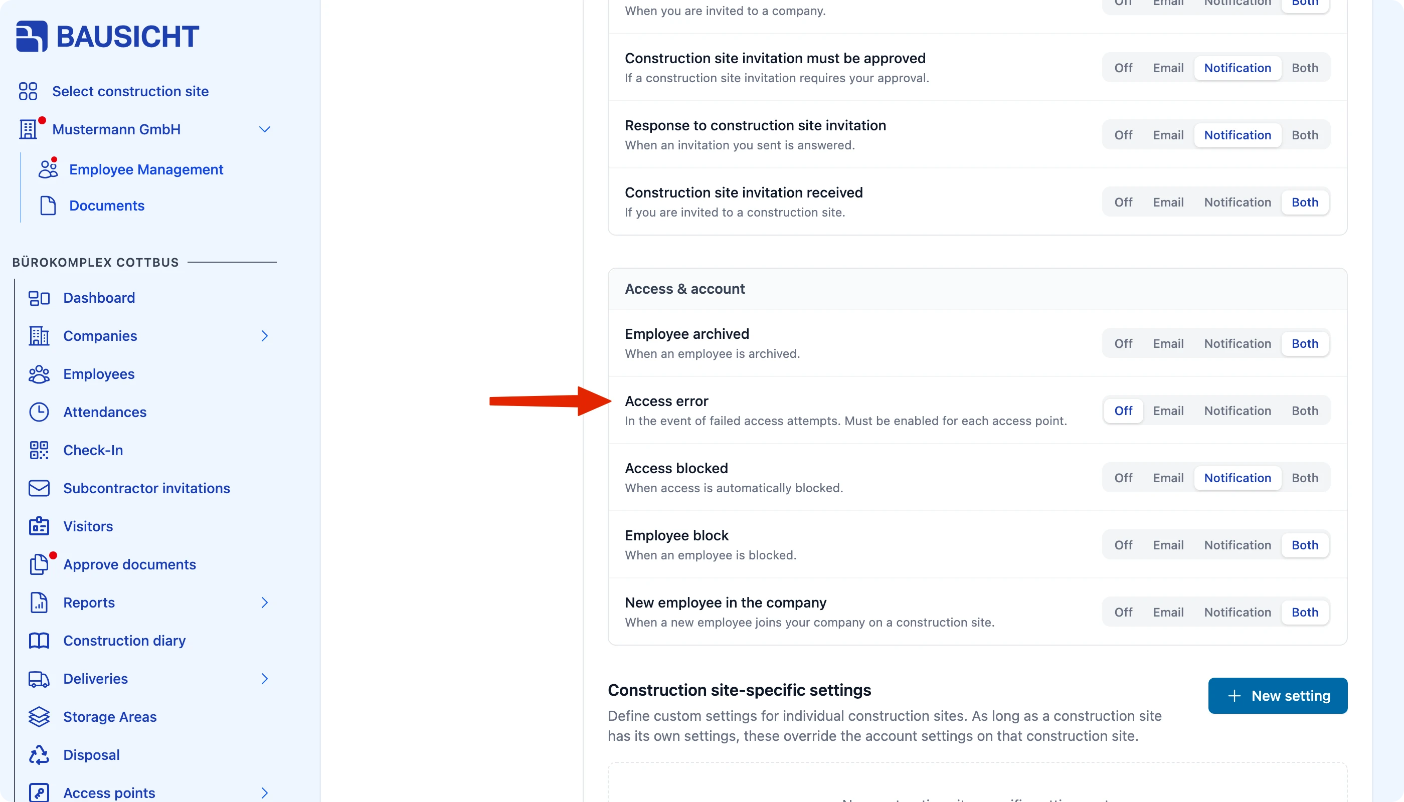 “Access errors” notification in the “Access & account” group