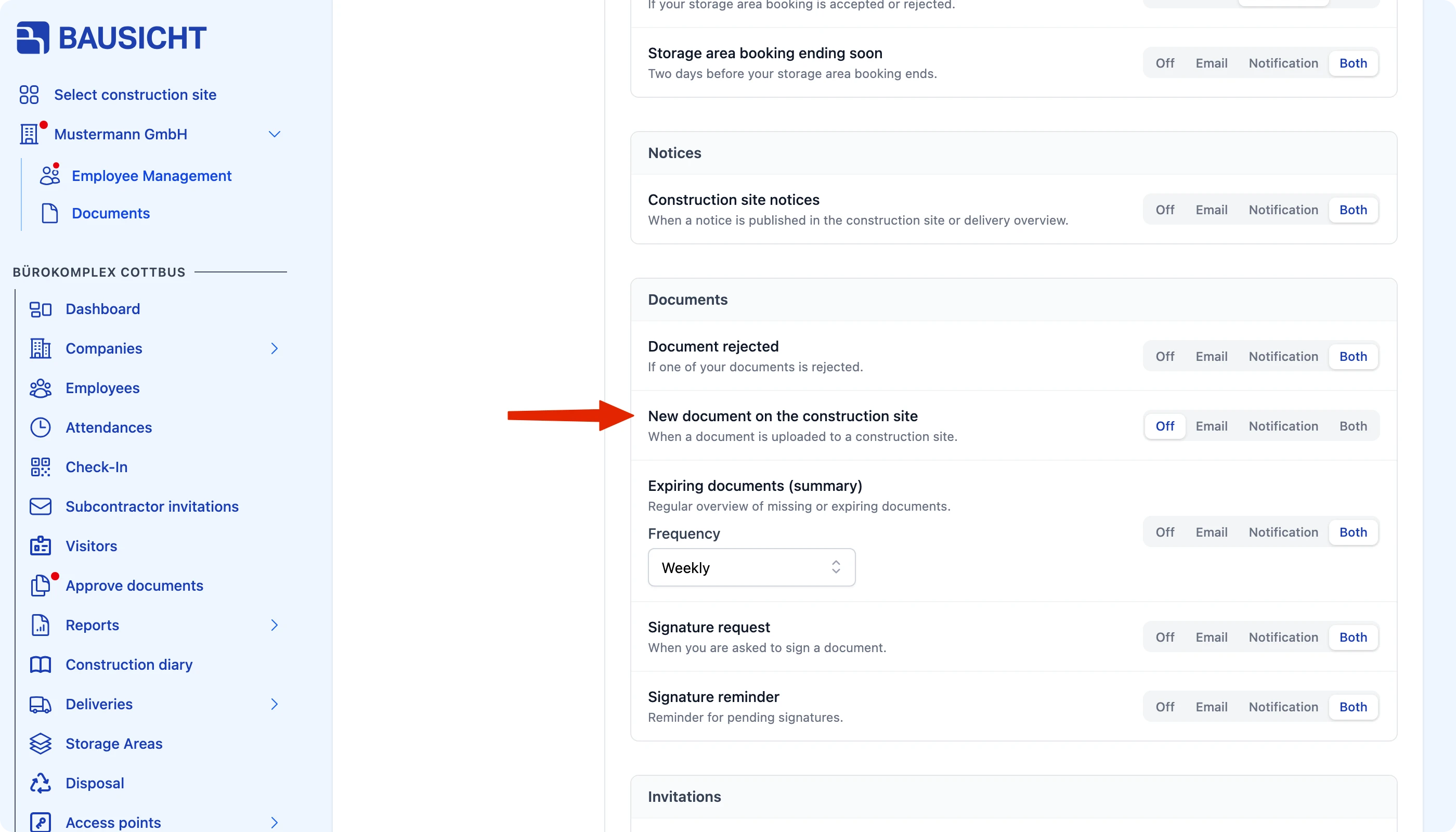 “New document on site” notification in the “Documents” group