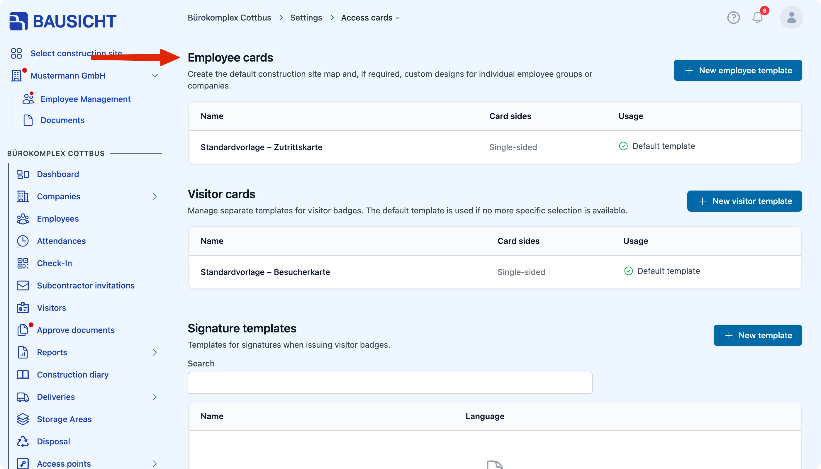 Overview of the stored card templates under Settings → Access cards
