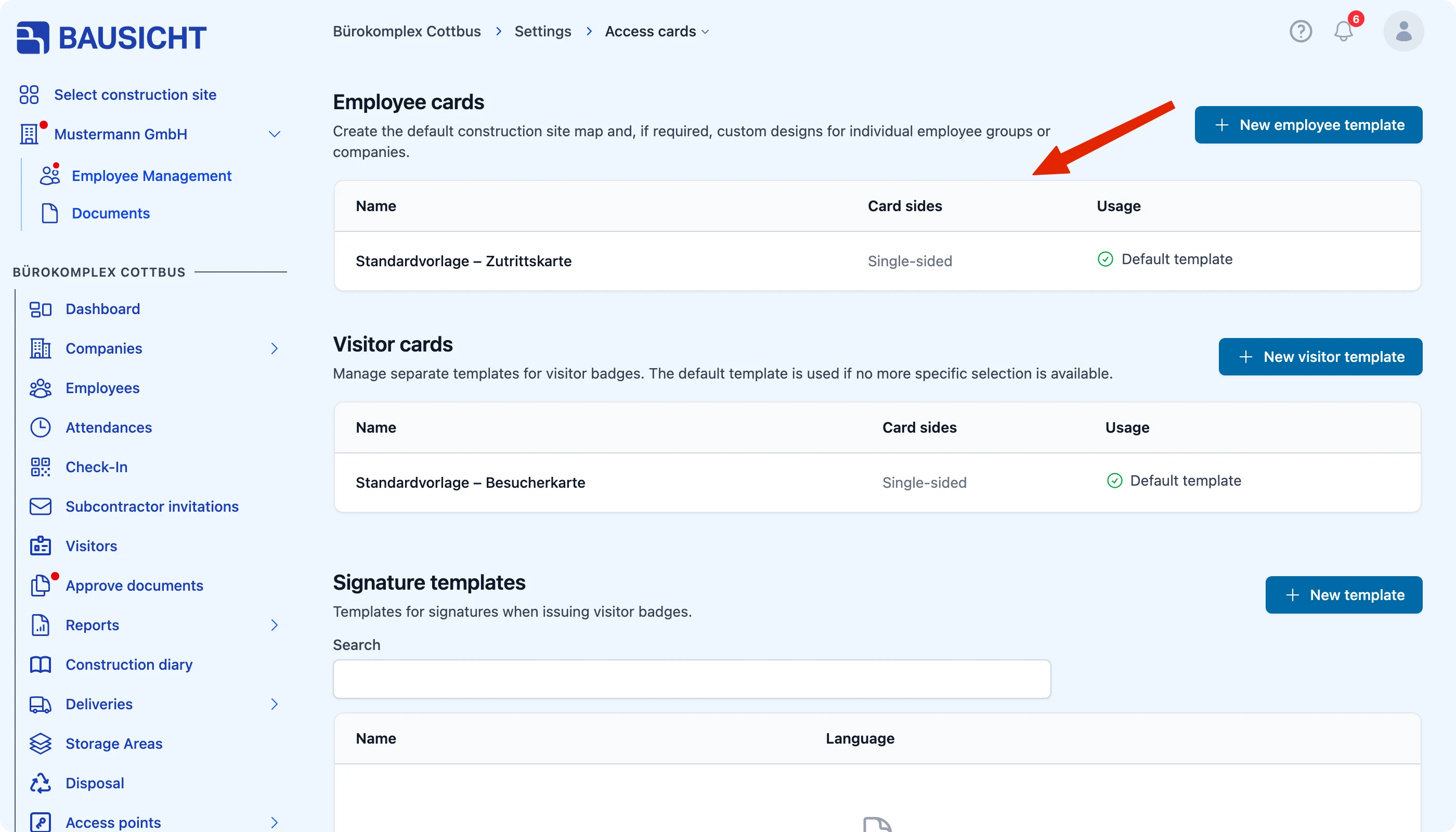 Card sides column under Settings → Access cards