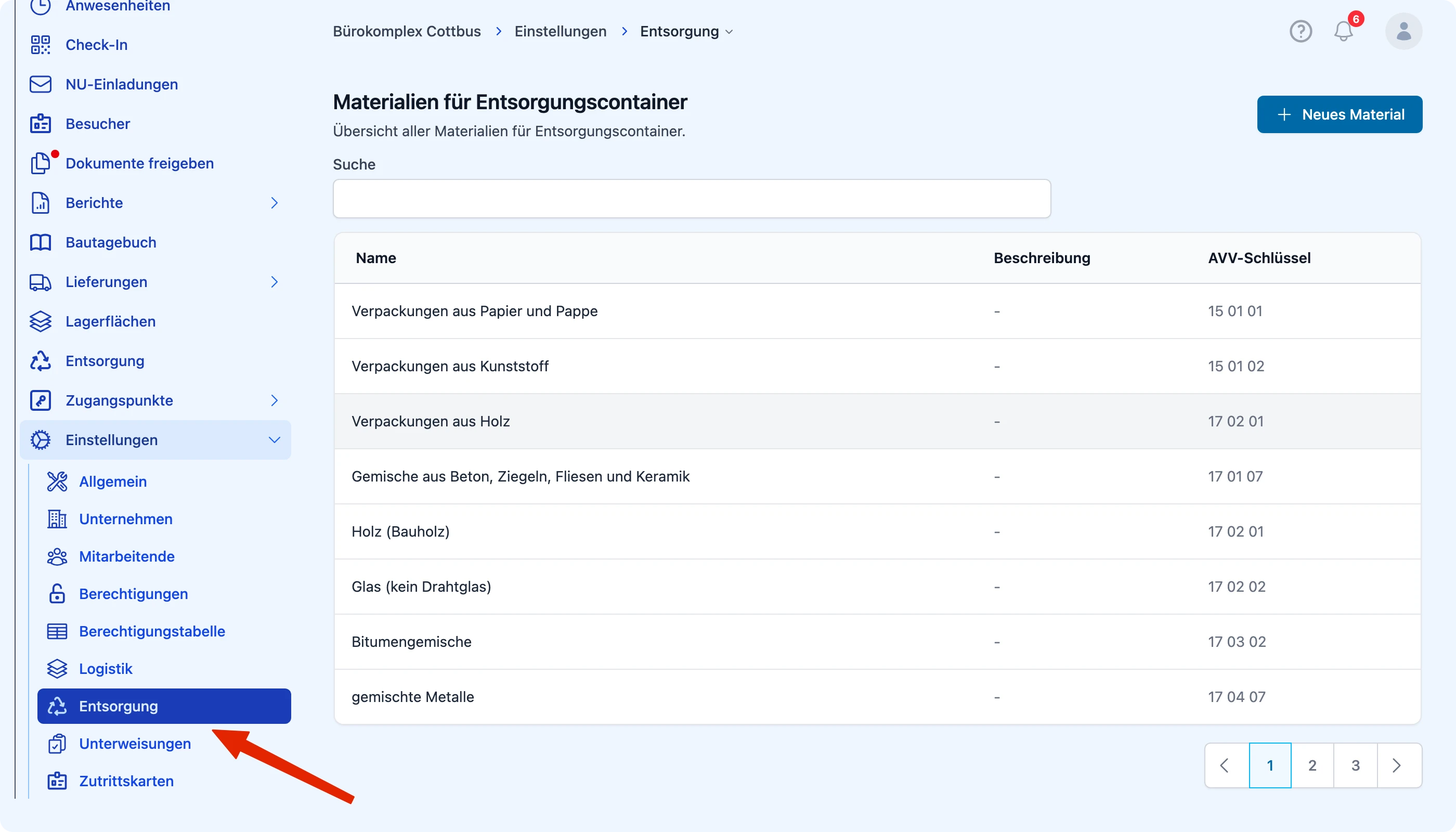 Einstellungen → Entsorgung öffnen