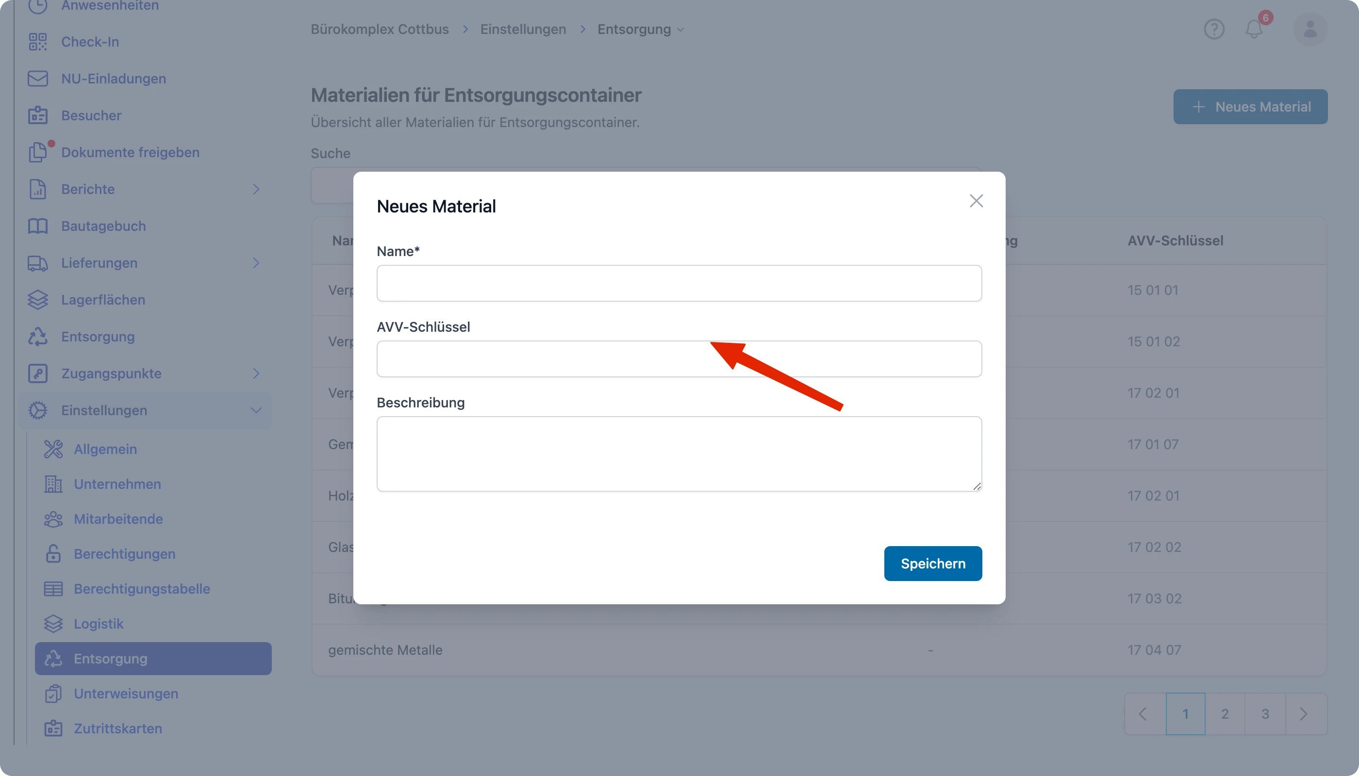 Name, AVV-Schlüssel und Beschreibung eintragen