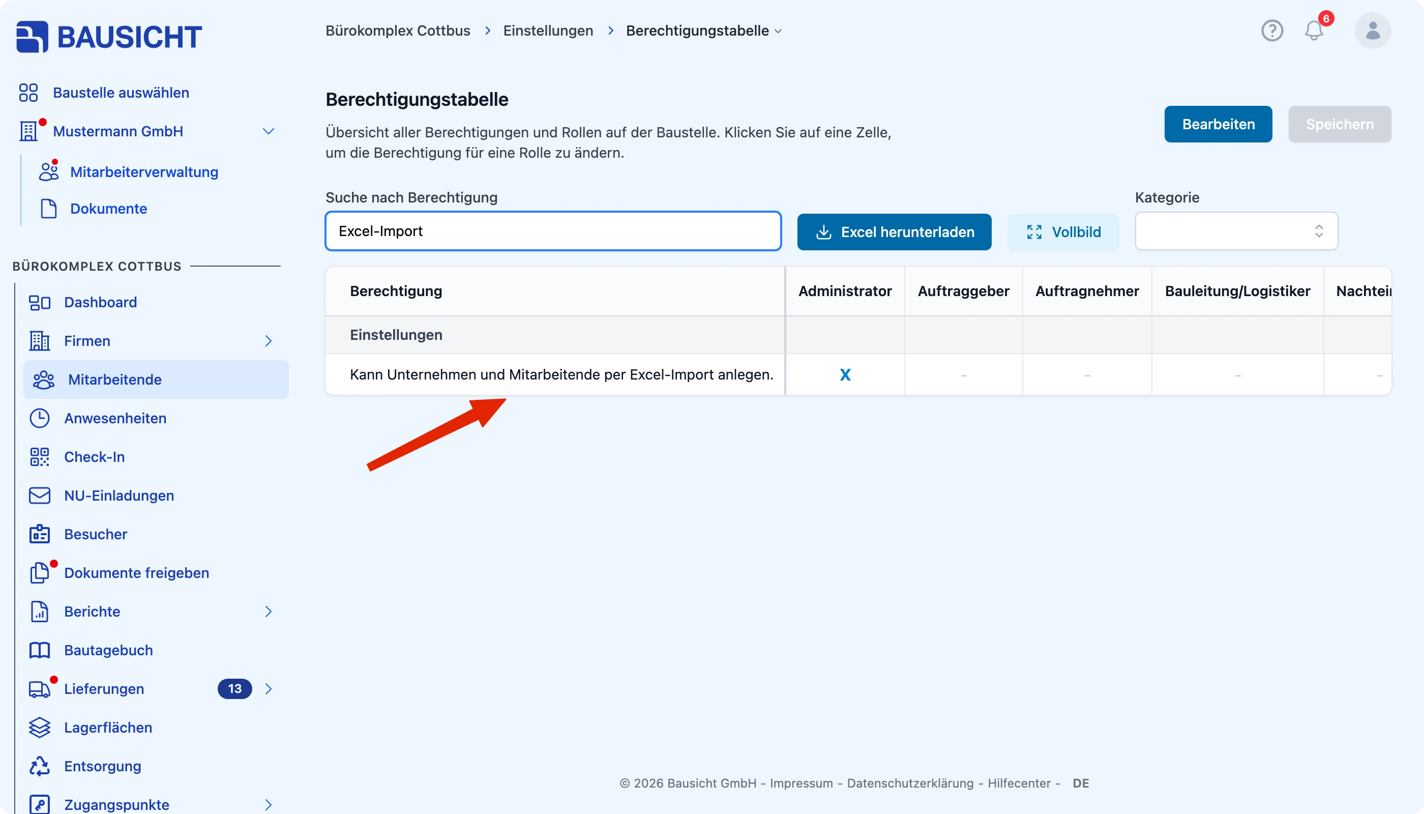 Berechtigung für den Excel-Import in der Berechtigungstabelle