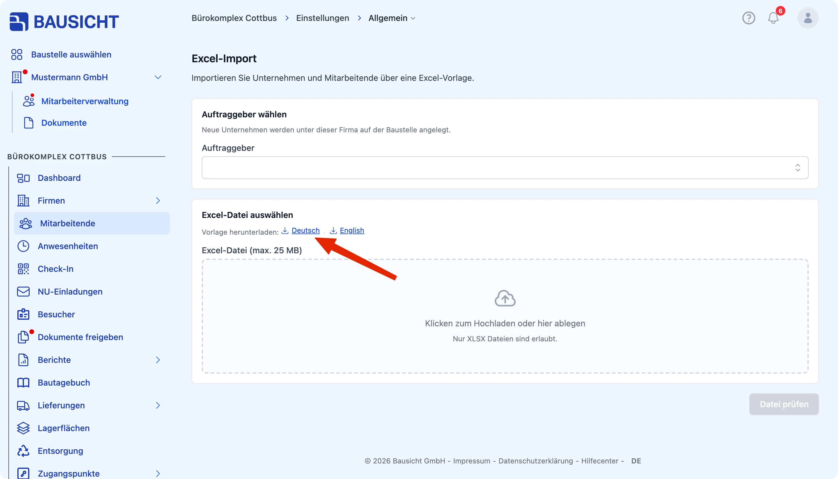 Excel-Vorlage auf der Import-Seite herunterladen