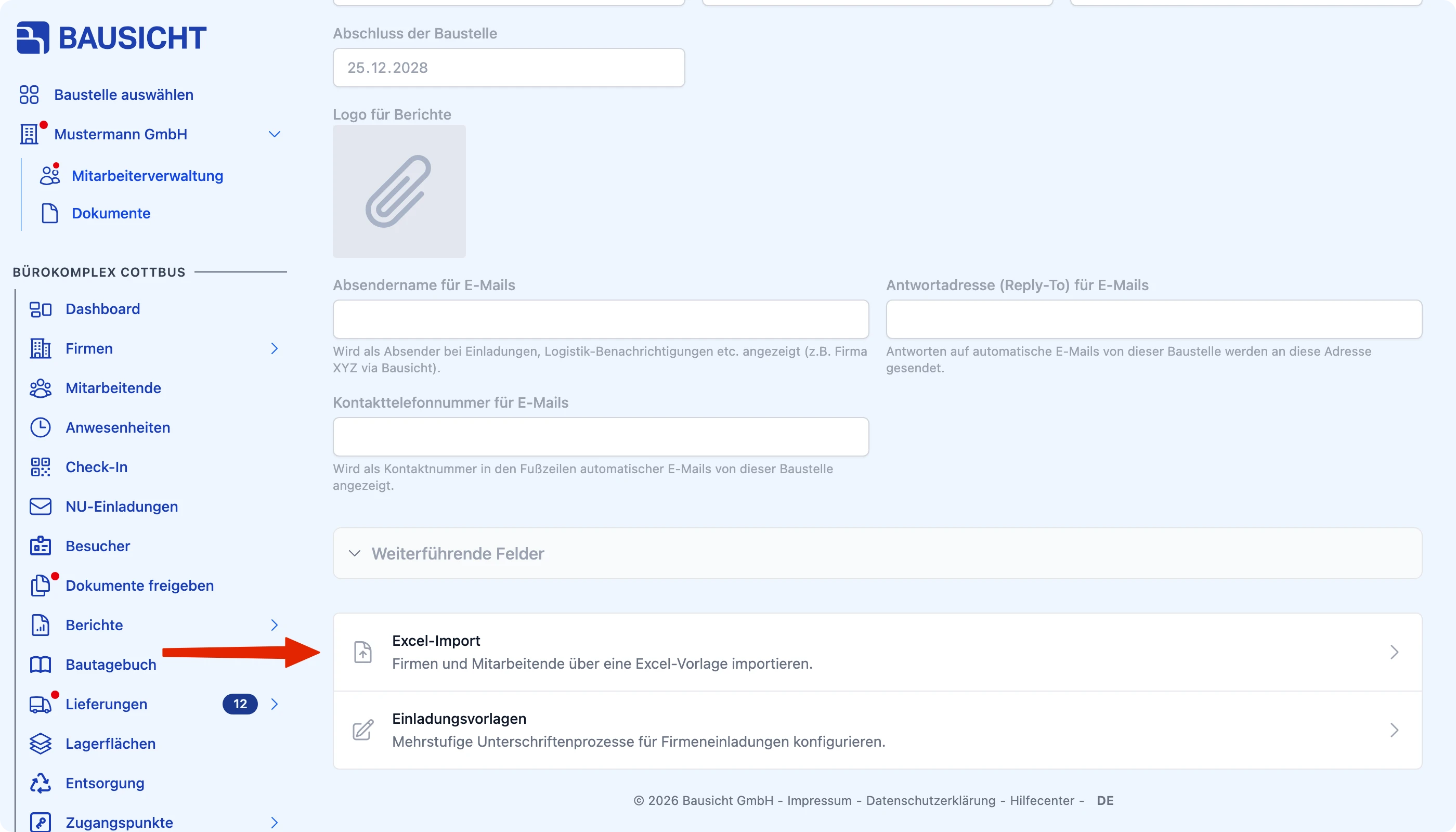 Einstiegspunkt Excel-Import in den allgemeinen Einstellungen