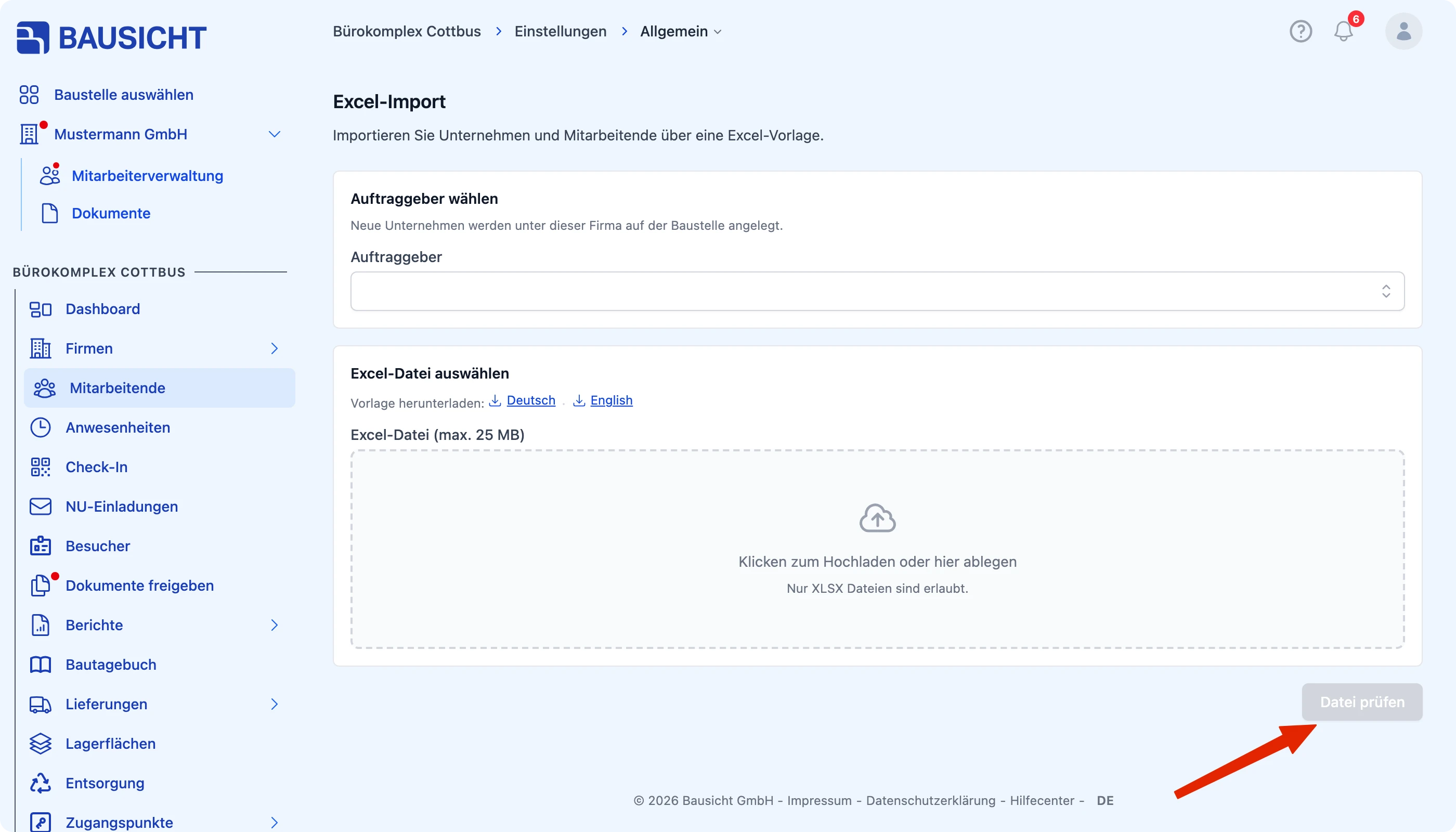 Import-Seite mit Auswahl des Auftraggebers und der Excel-Datei