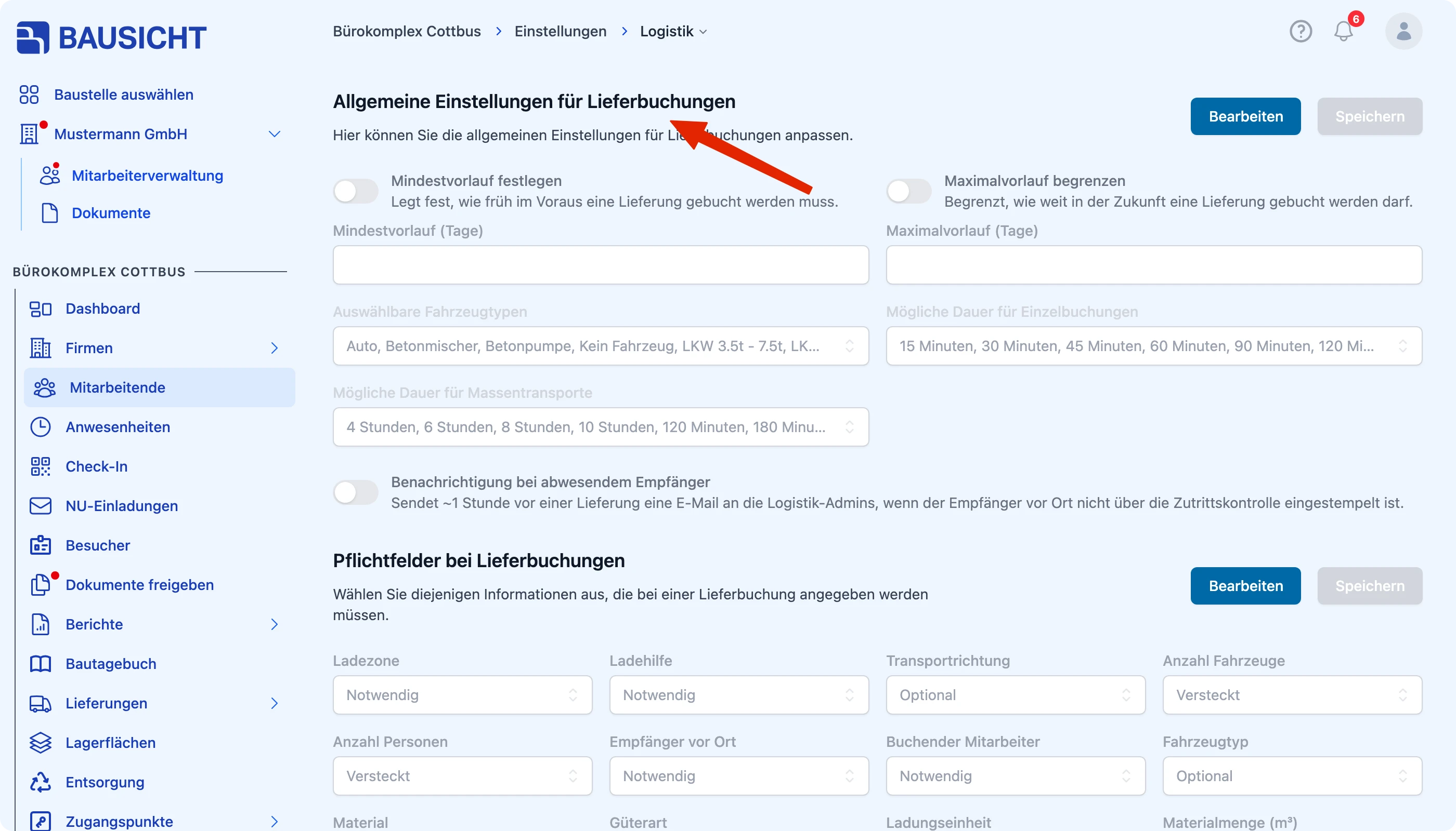 Einstellungen, Reiter Logistik, Abschnitt Allgemeine Einstellungen für Lieferbuchungen