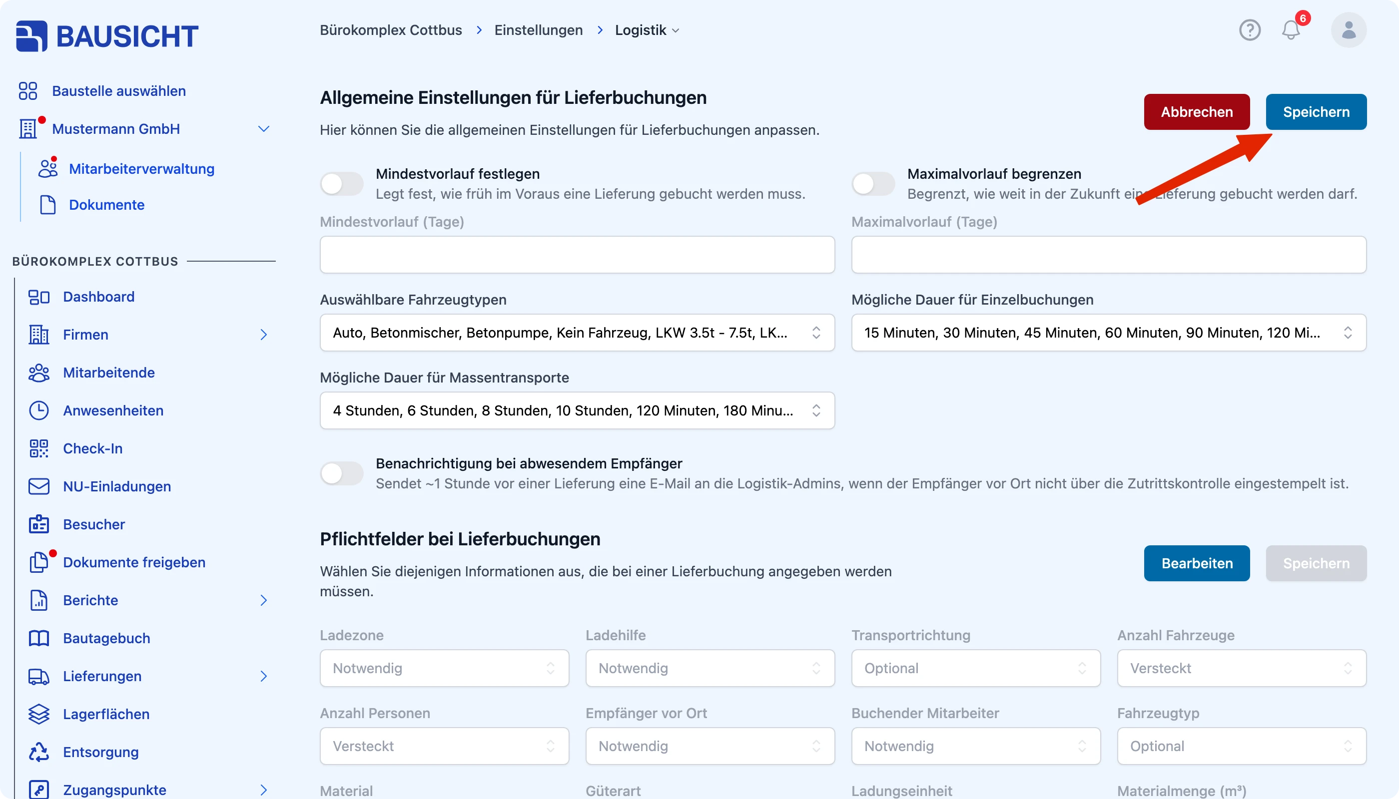 Auswahl der Fahrzeugtypen mit Speichern bestätigen