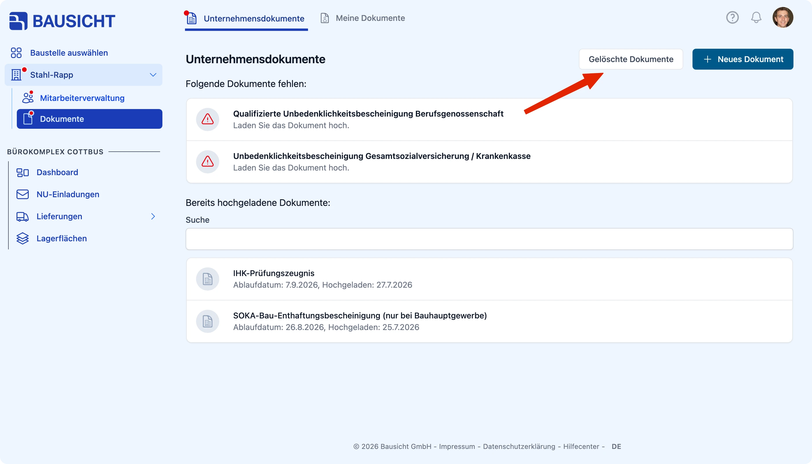 Schaltfläche „Gelöschte Dokumente“