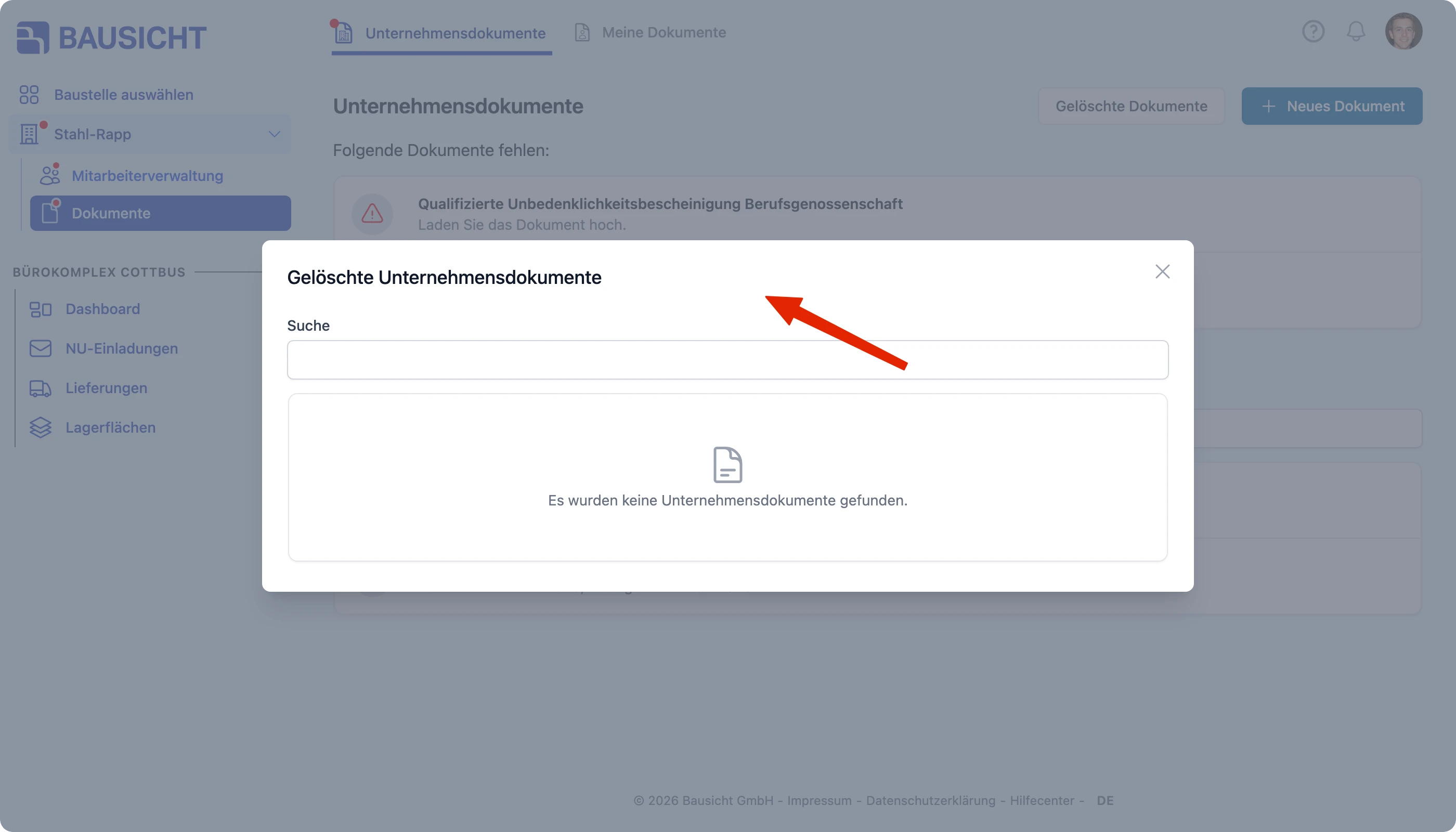 Übersicht der gelöschten Unternehmensdokumente