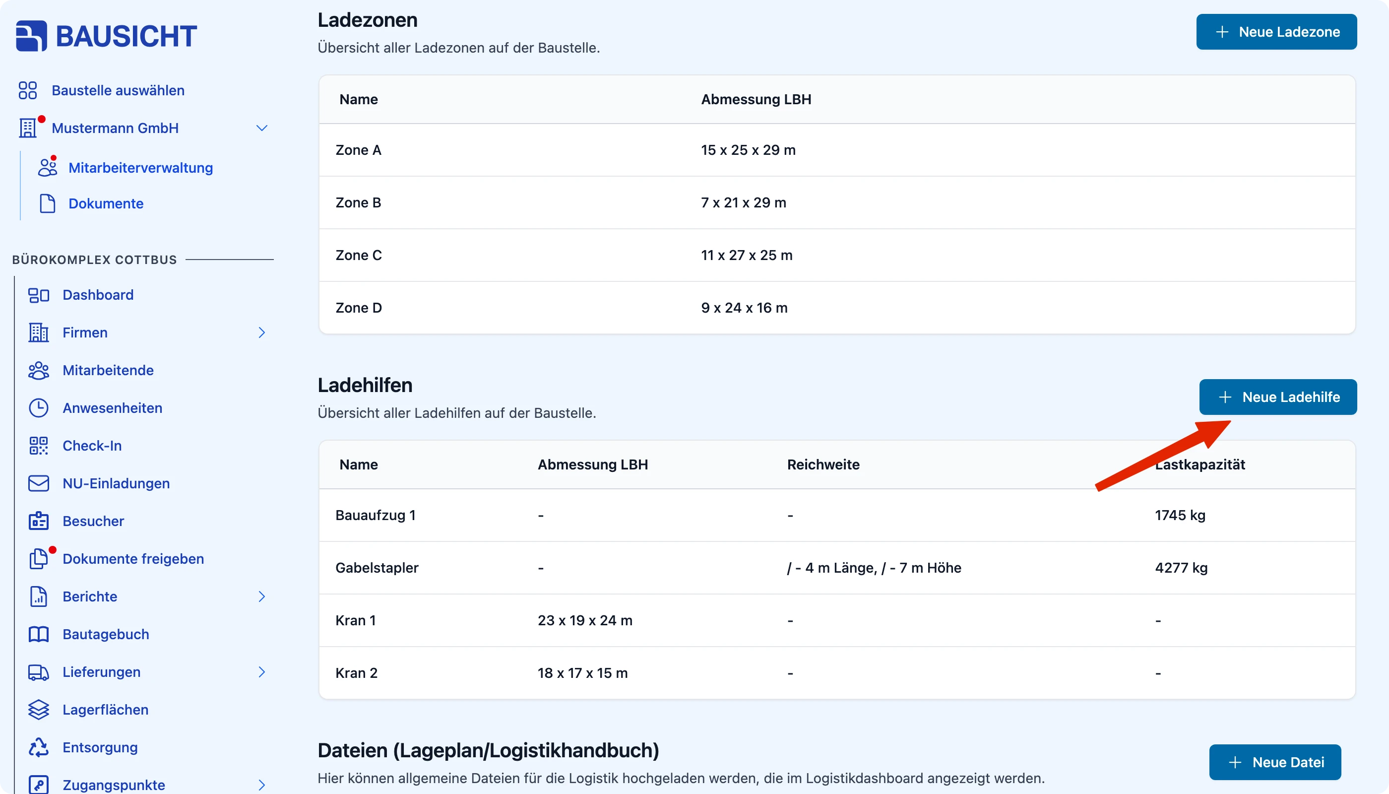 Abschnitt „Ladehilfen“ mit der Schaltfläche „Neue Ladehilfe“