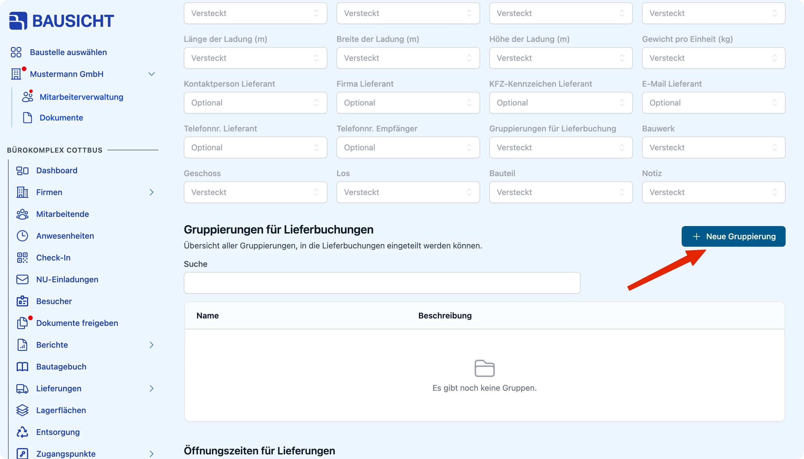 Abschnitt „Gruppierungen für Lieferbuchungen“