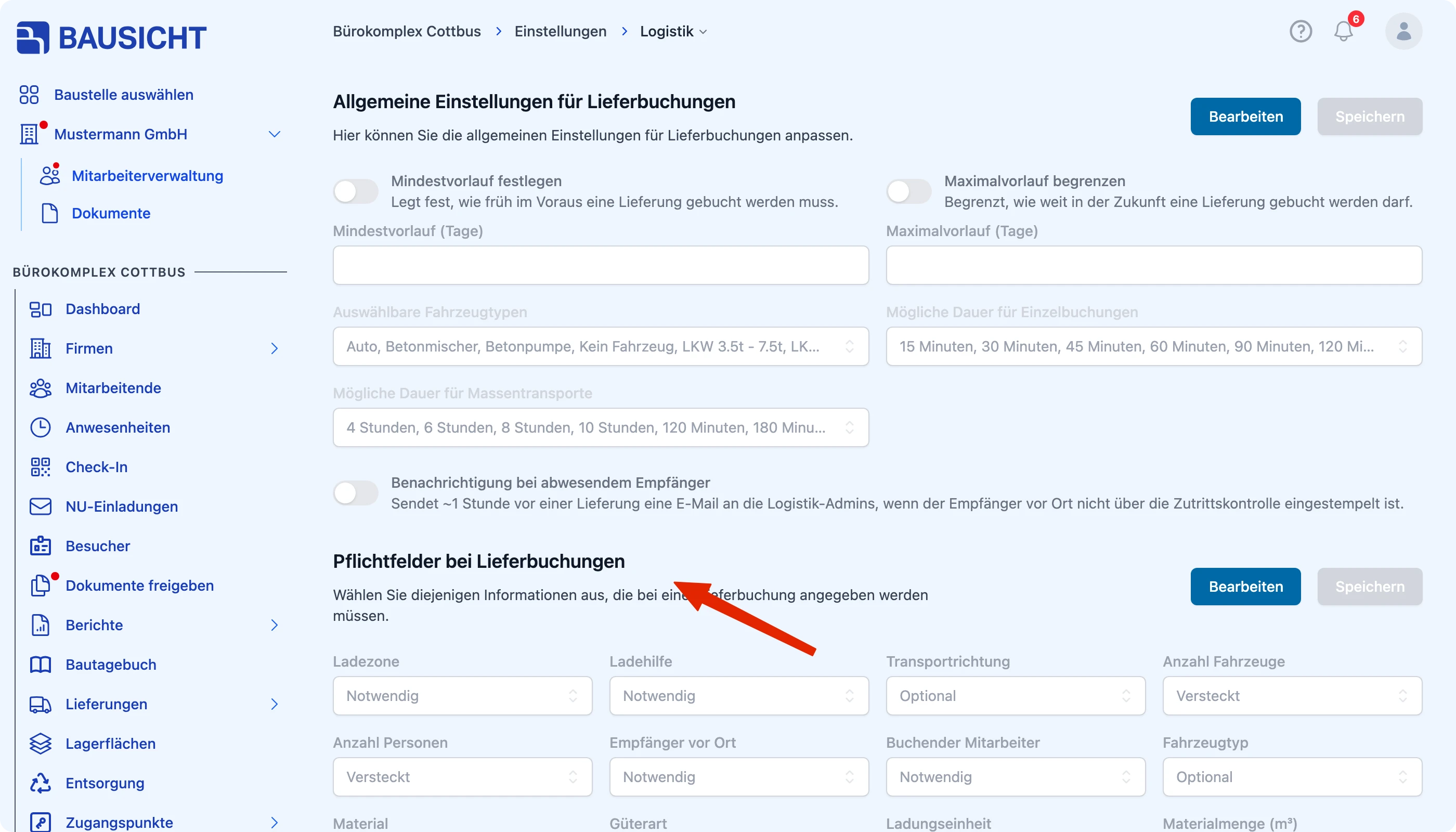 Abschnitt „Pflichtfelder bei Lieferbuchungen“