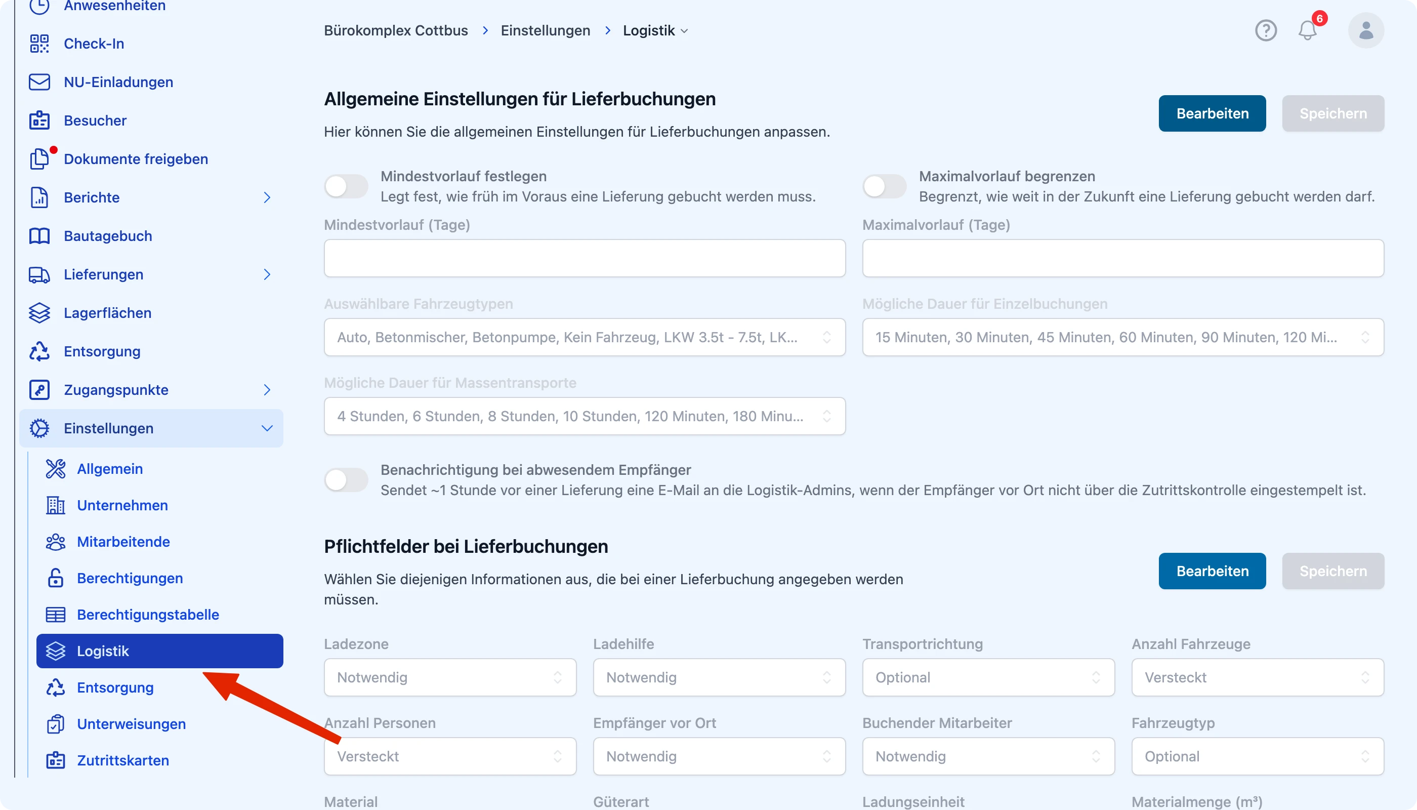 Einstellungen → Logistik öffnen