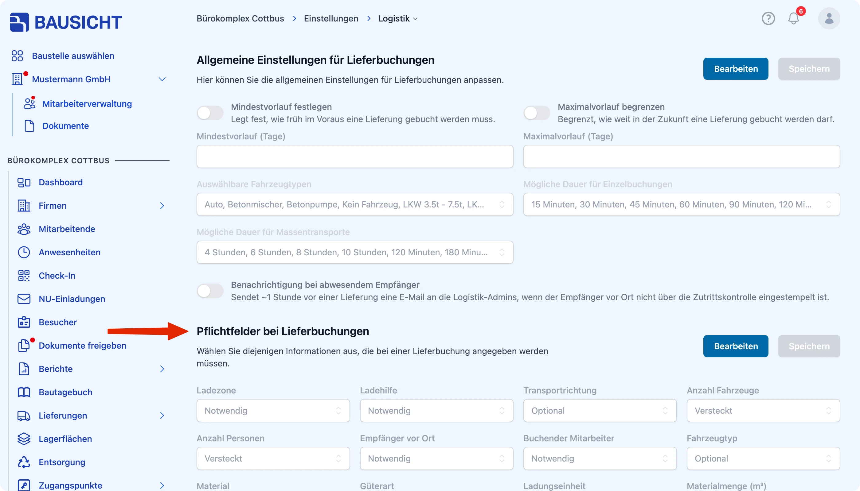 Abschnitt Pflichtfelder bei Lieferbuchungen in den Logistik-Einstellungen
