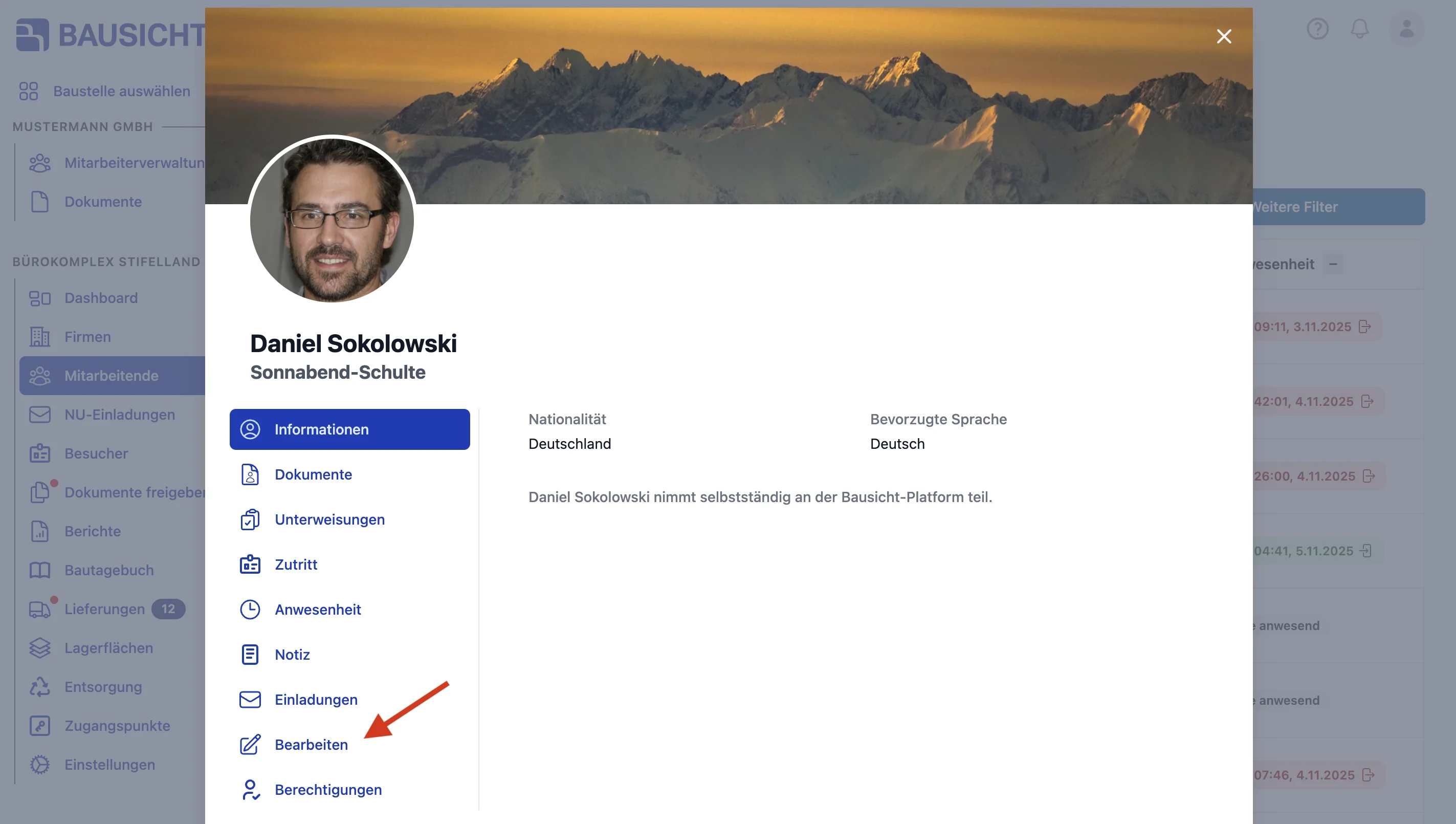 Bearbeiten Tab auswählen