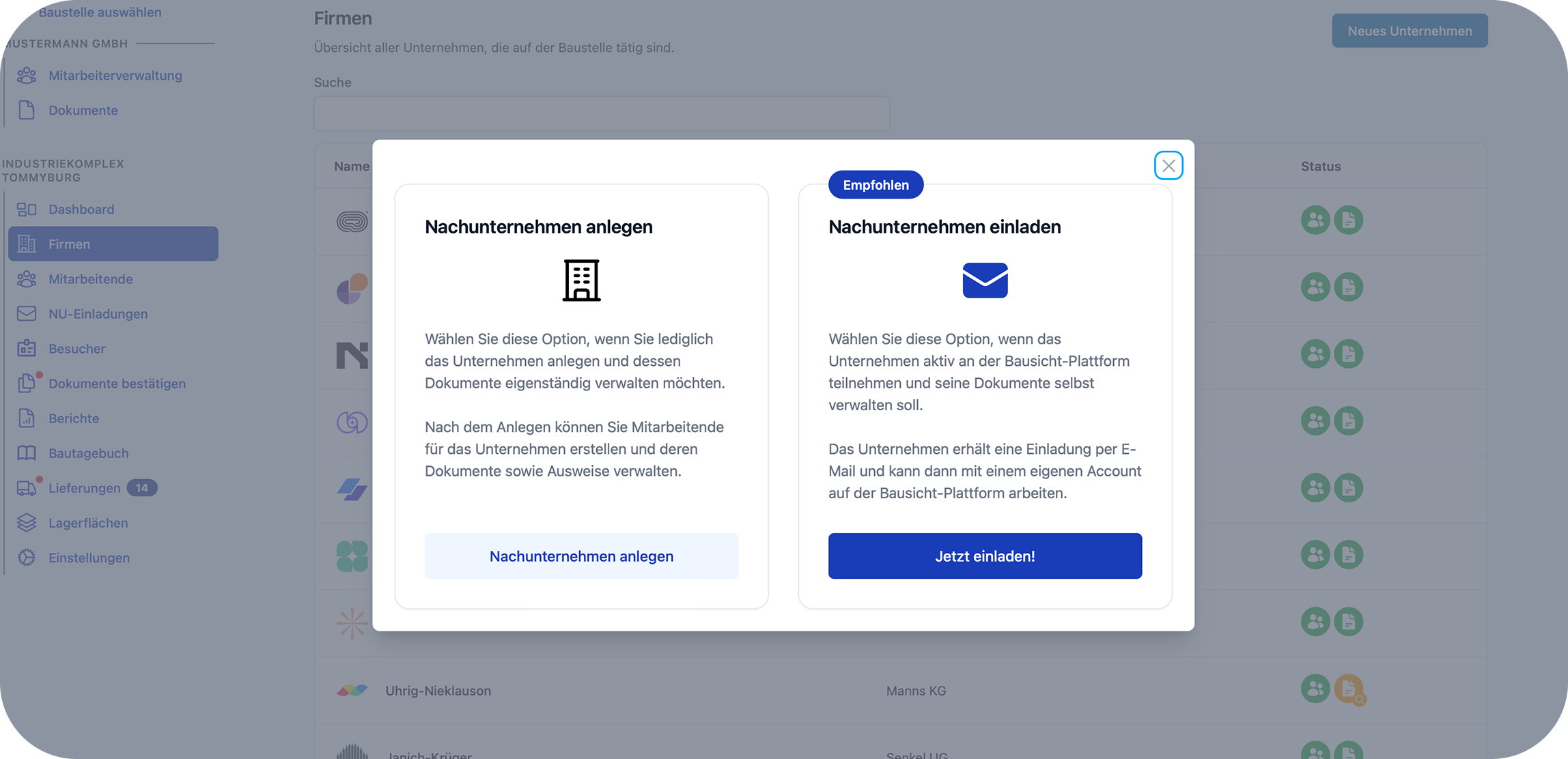 Auswahl zwischen Einladung und Anlage