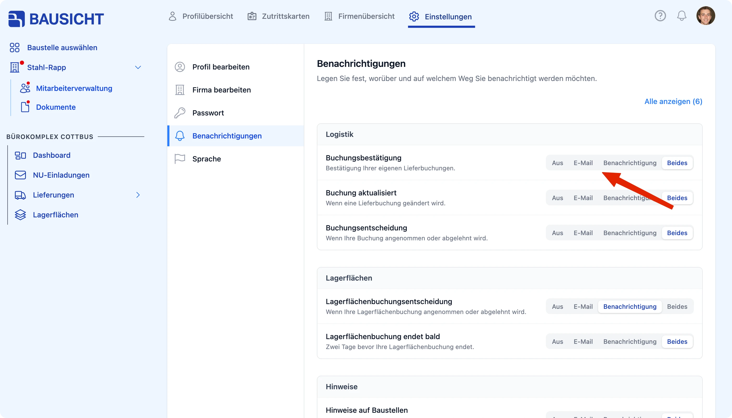 Übersicht der Benachrichtigungen mit E-Mail und Benachrichtigung