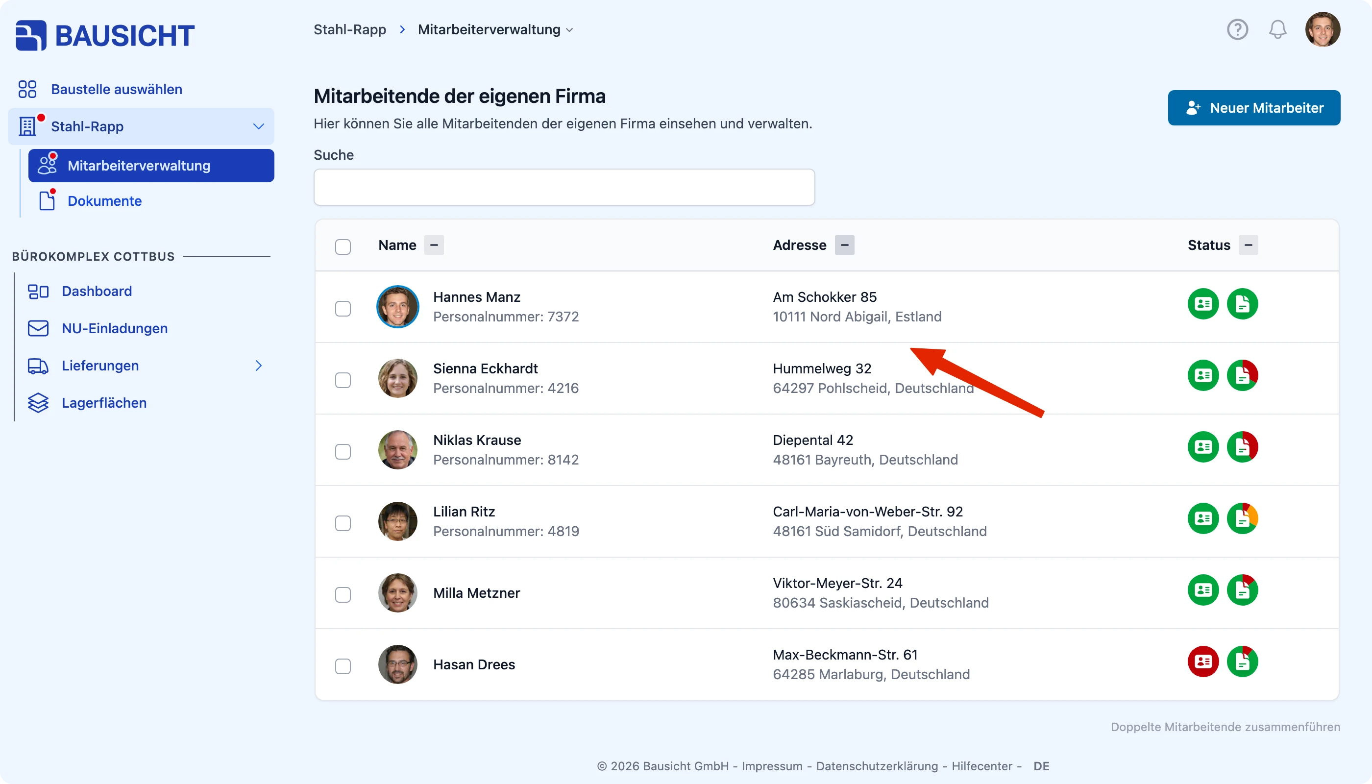 Person in der Liste öffnen