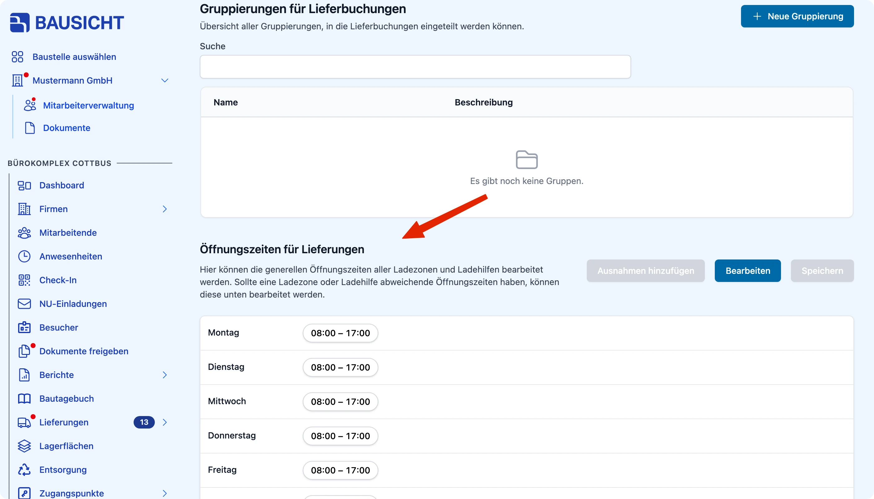 Abschnitt „Öffnungszeiten für Lieferungen“ mit den Zeitfenstern je Ressource und Zone