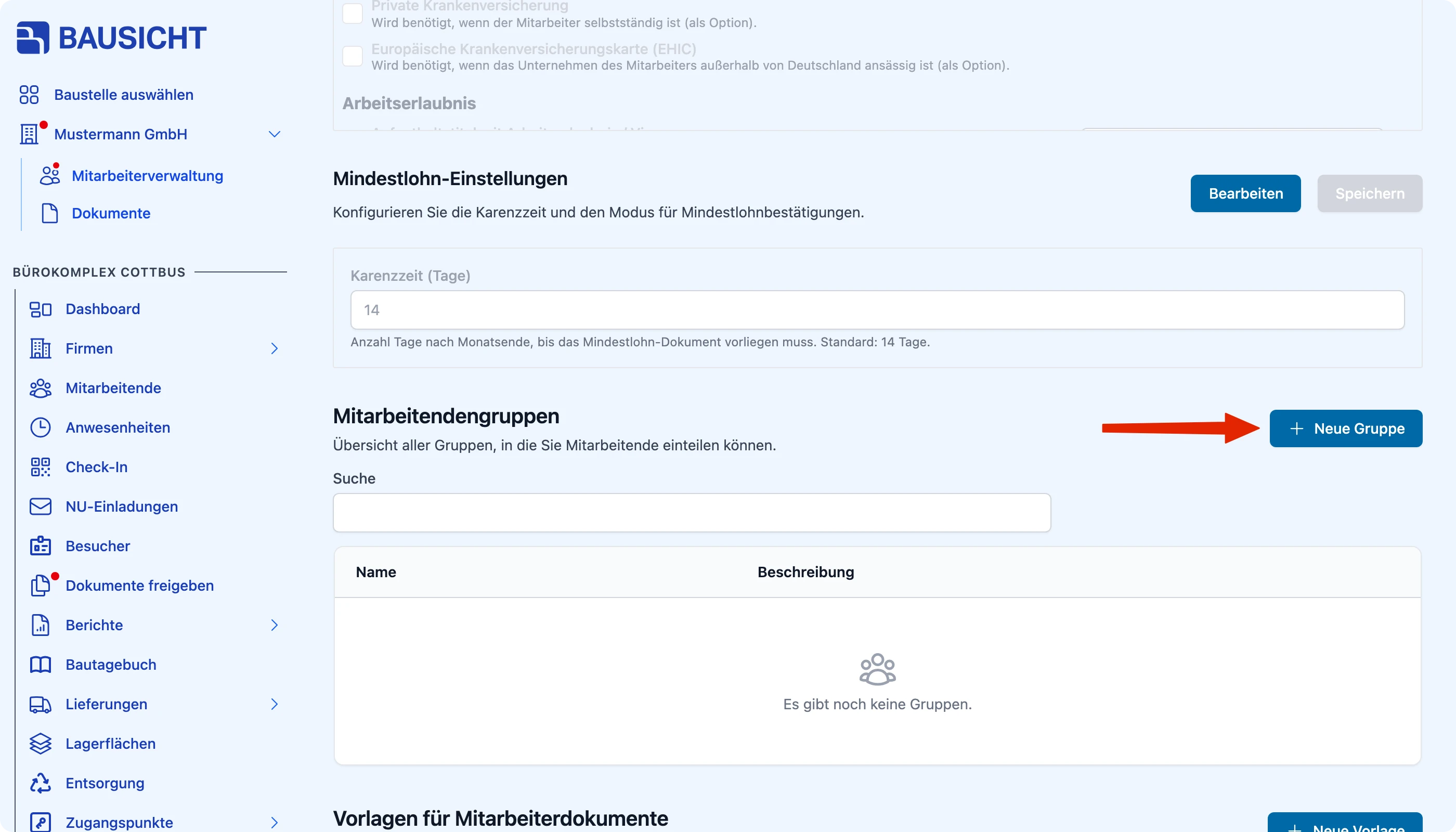 Abschnitt „Mitarbeitendengruppen“ in den Einstellungen unter Mitarbeitende