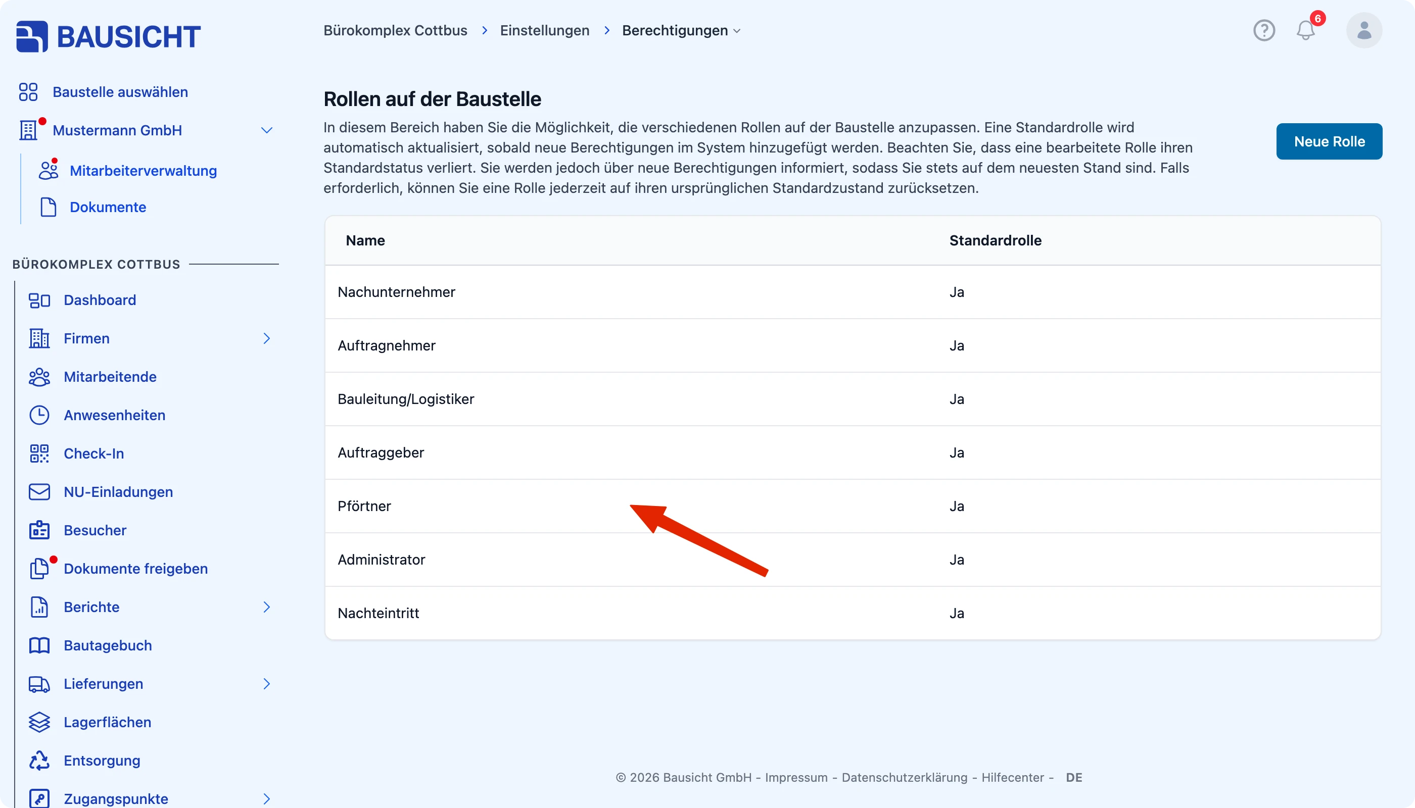 Einstellungen → Berechtigungen: bestehende Rolle in der Liste anklicken
