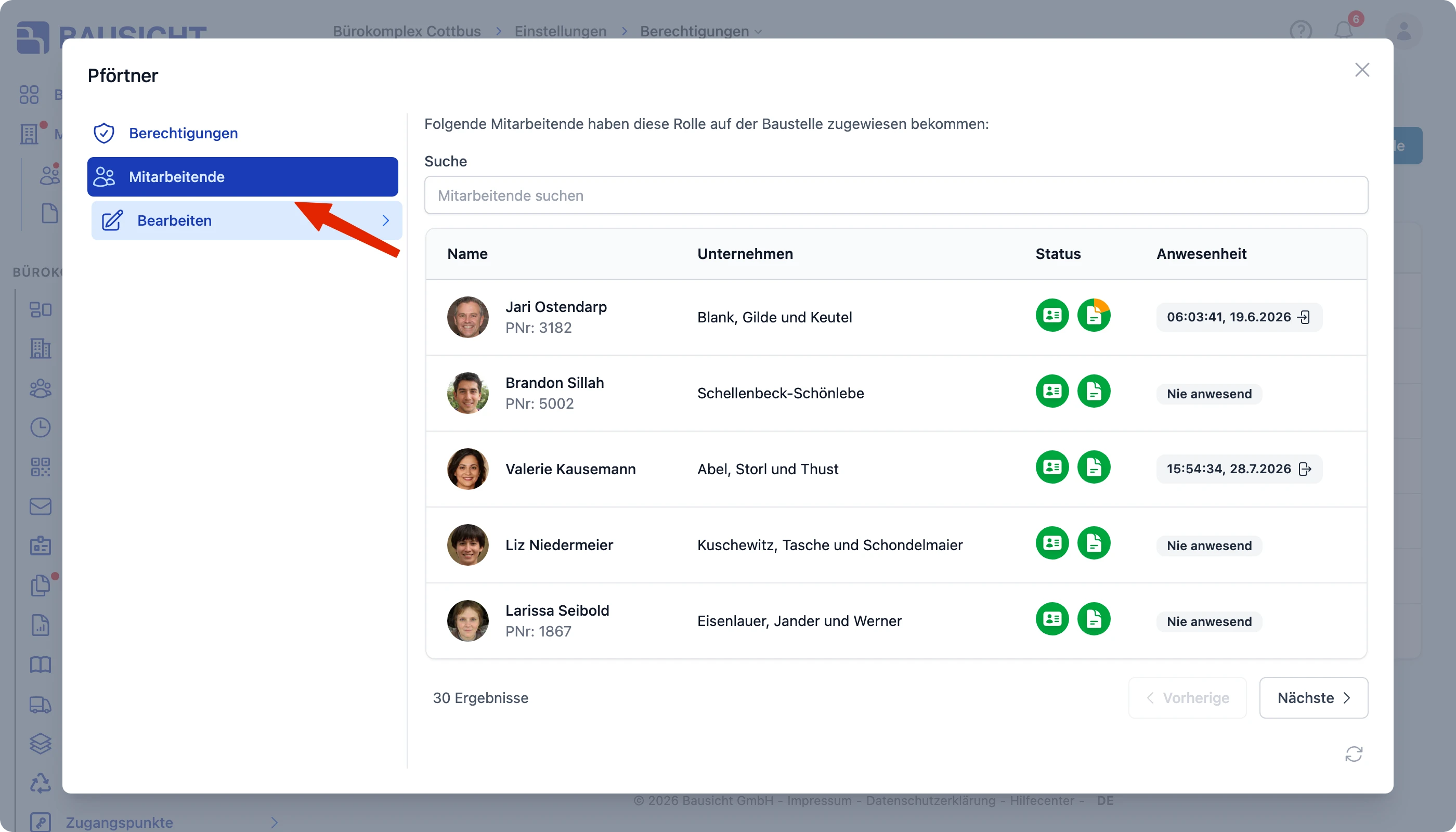 Tab „Mitarbeitende“ im Berechtigungsmodal zeigt alle Personen mit dieser Rolle