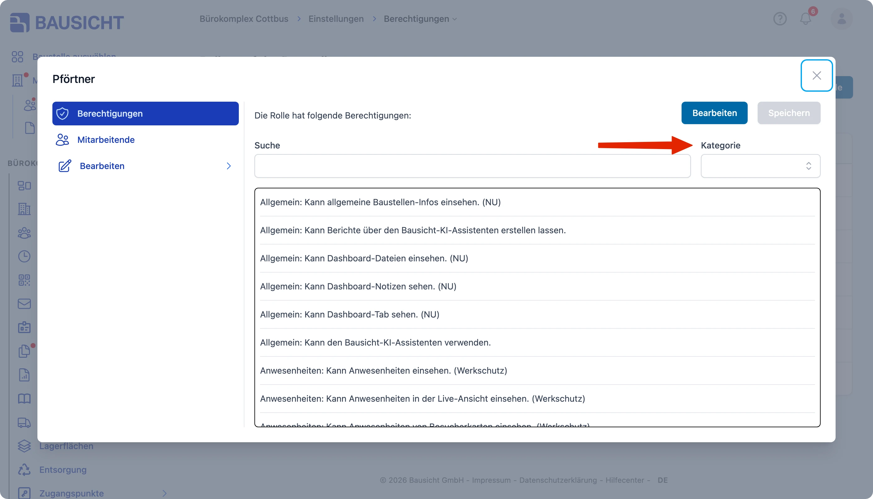 Berechtigungen im Modal über den Filter „Kategorie“ eingrenzen