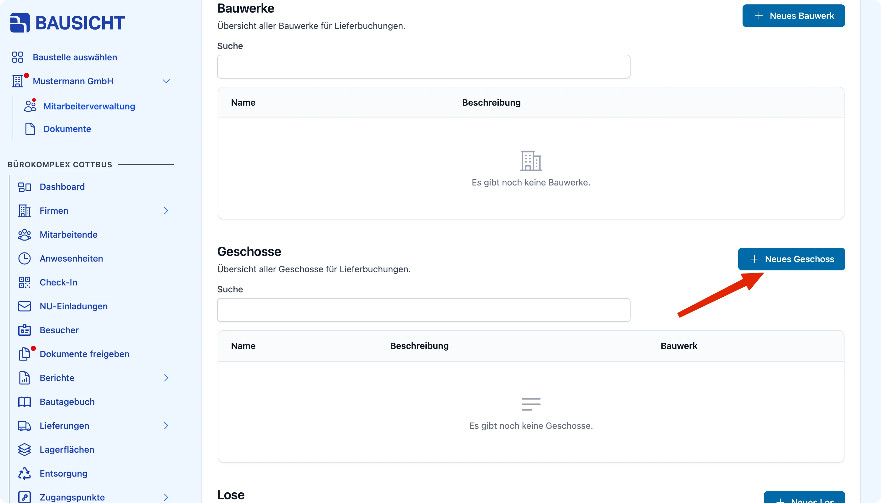 Abschnitt “Geschosse” mit dem Button “Neues Geschoss”