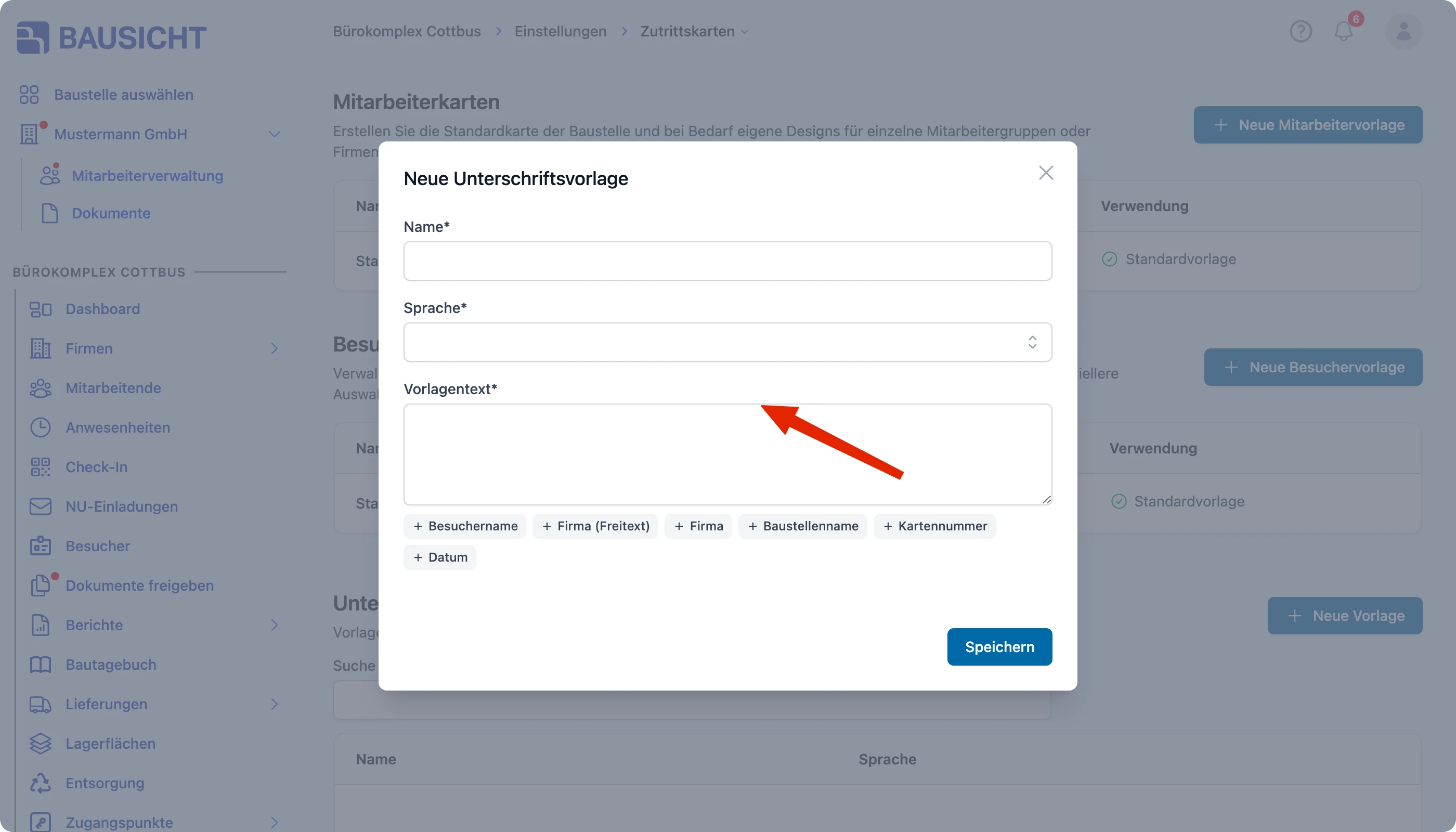Vorlagentext der Unterschriftsvorlage
