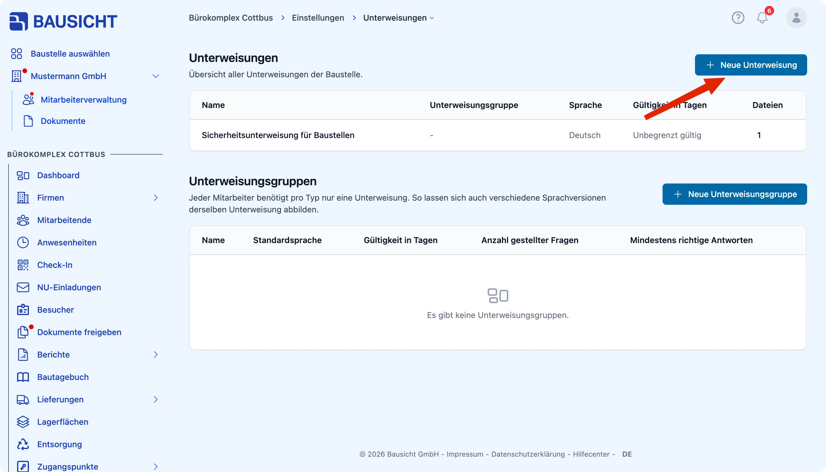 Einstellungen → Unterweisungen mit der Liste der Unterweisungen
