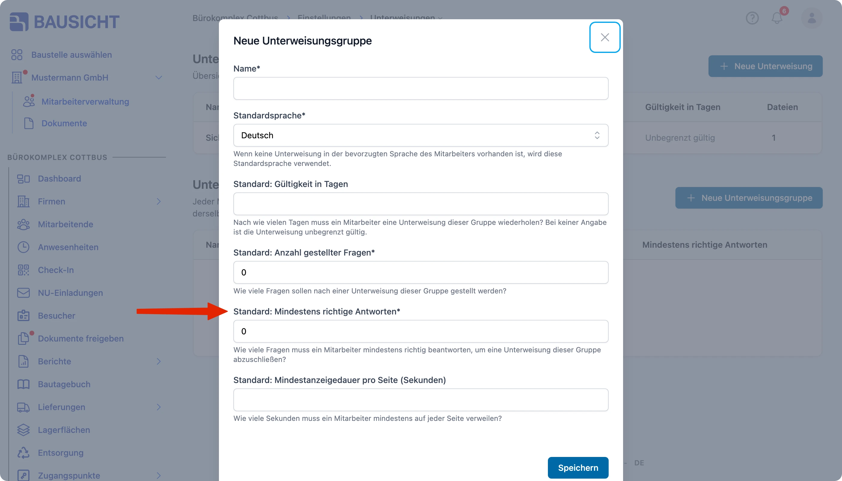 Dialog „Neue Unterweisungsgruppe" mit Fragenanzahl, Mindestantworten und Anzeigedauer