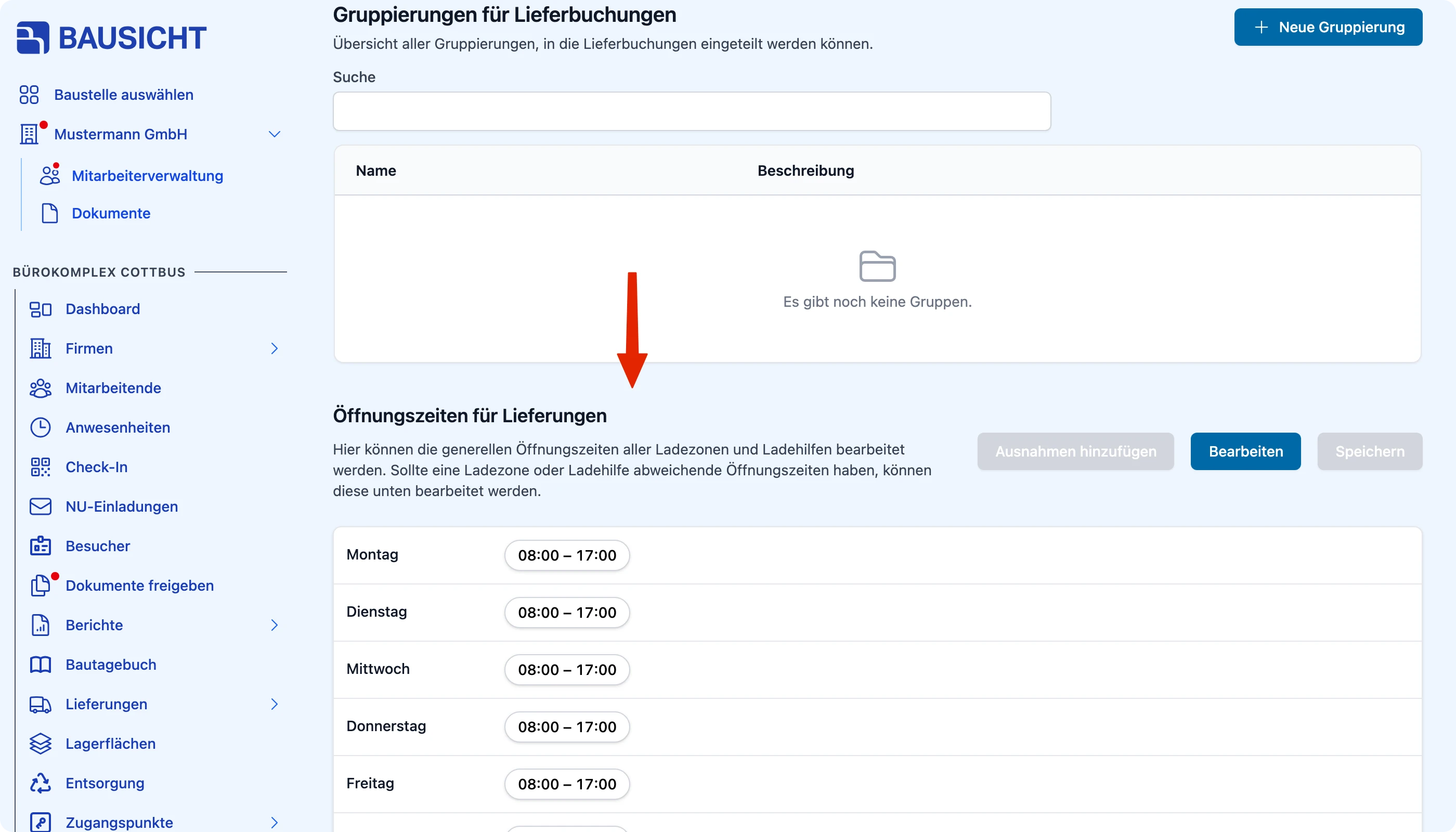 Abschnitt „Öffnungszeiten für Lieferungen" in den Logistik-Einstellungen