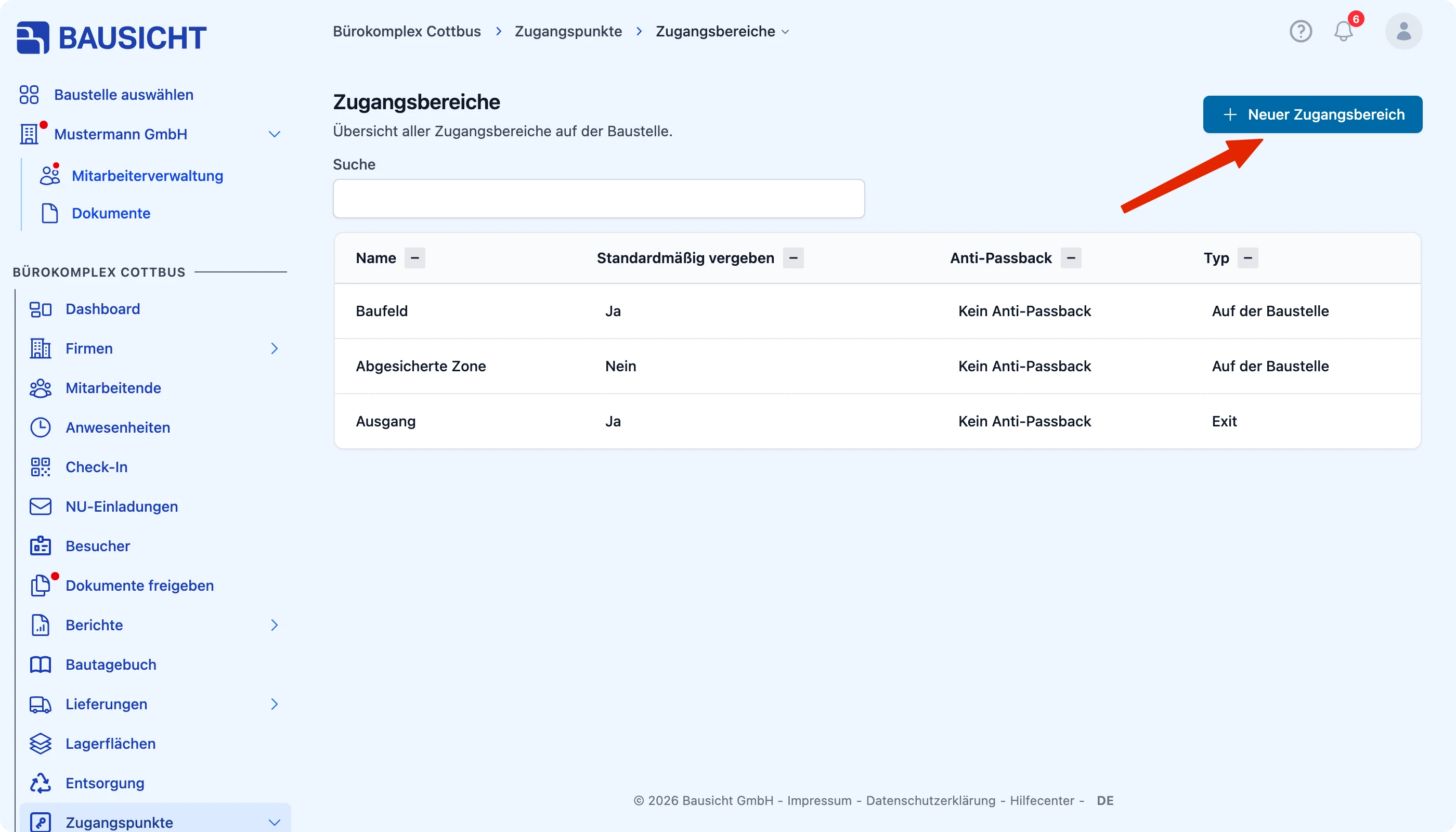 Schaltfläche „Neuer Zugangsbereich“
