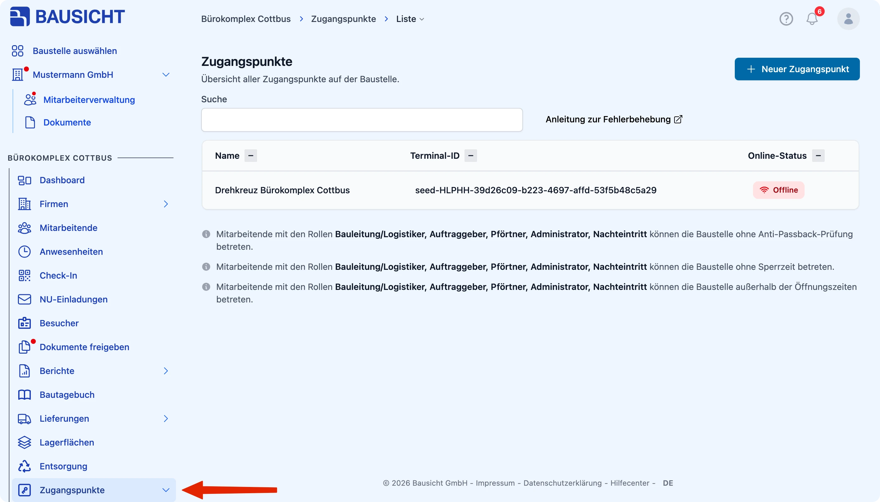 Bereich „Zugangspunkte" in der linken Navigation öffnen