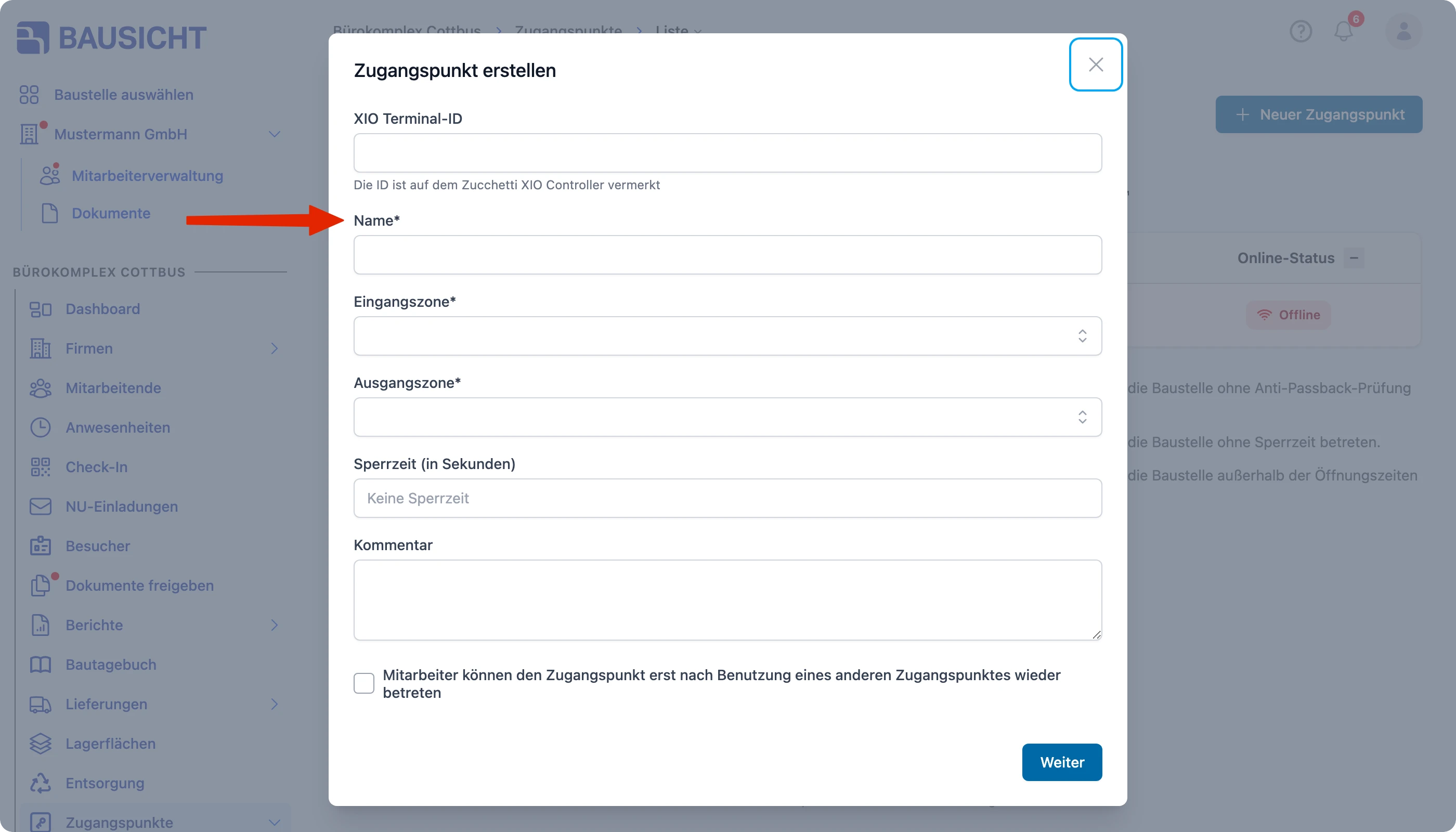 Dialog „Zugangspunkt erstellen" mit dem Namensfeld