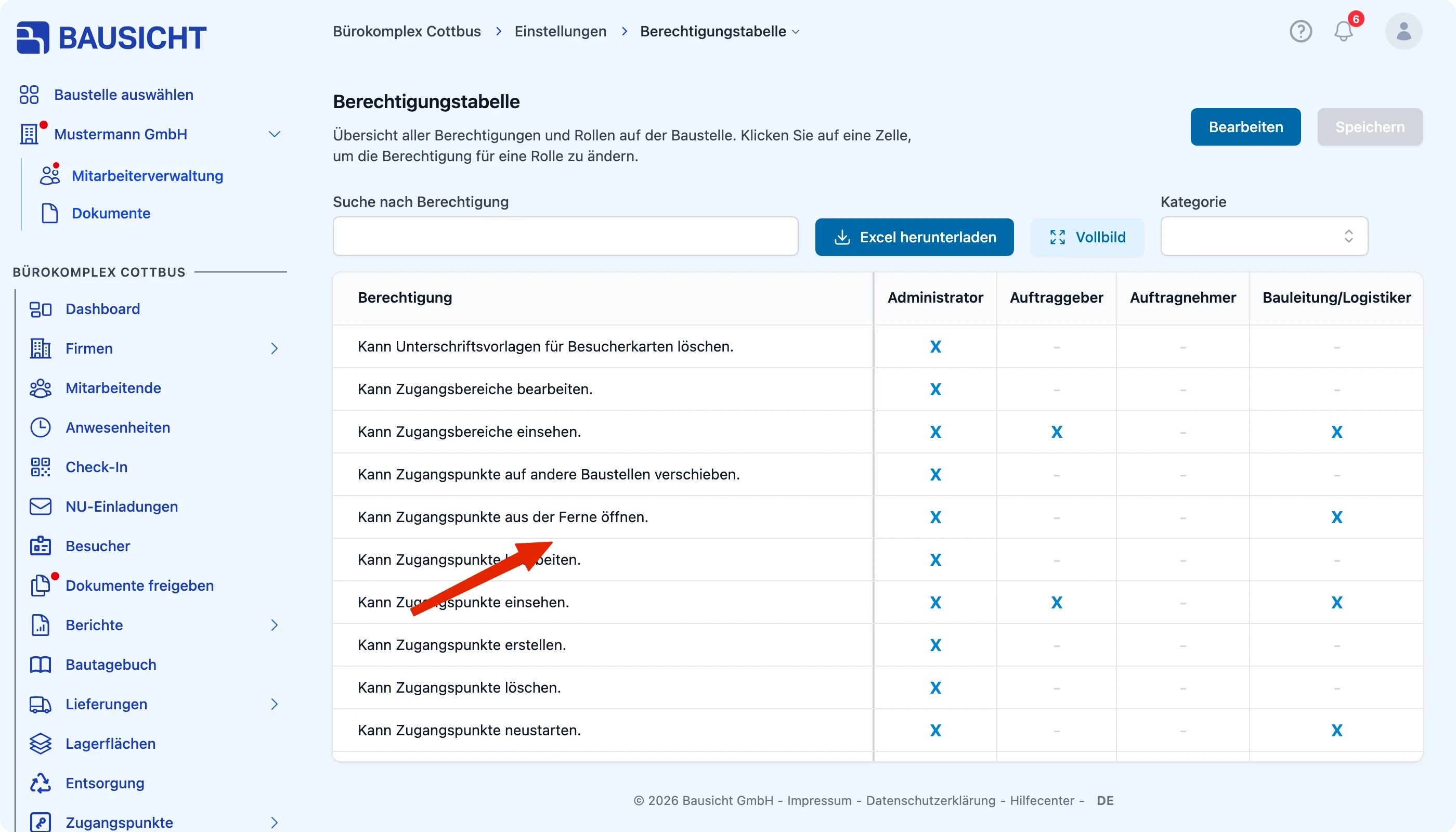 Berechtigung zum Öffnen aus der Ferne in der Berechtigungstabelle