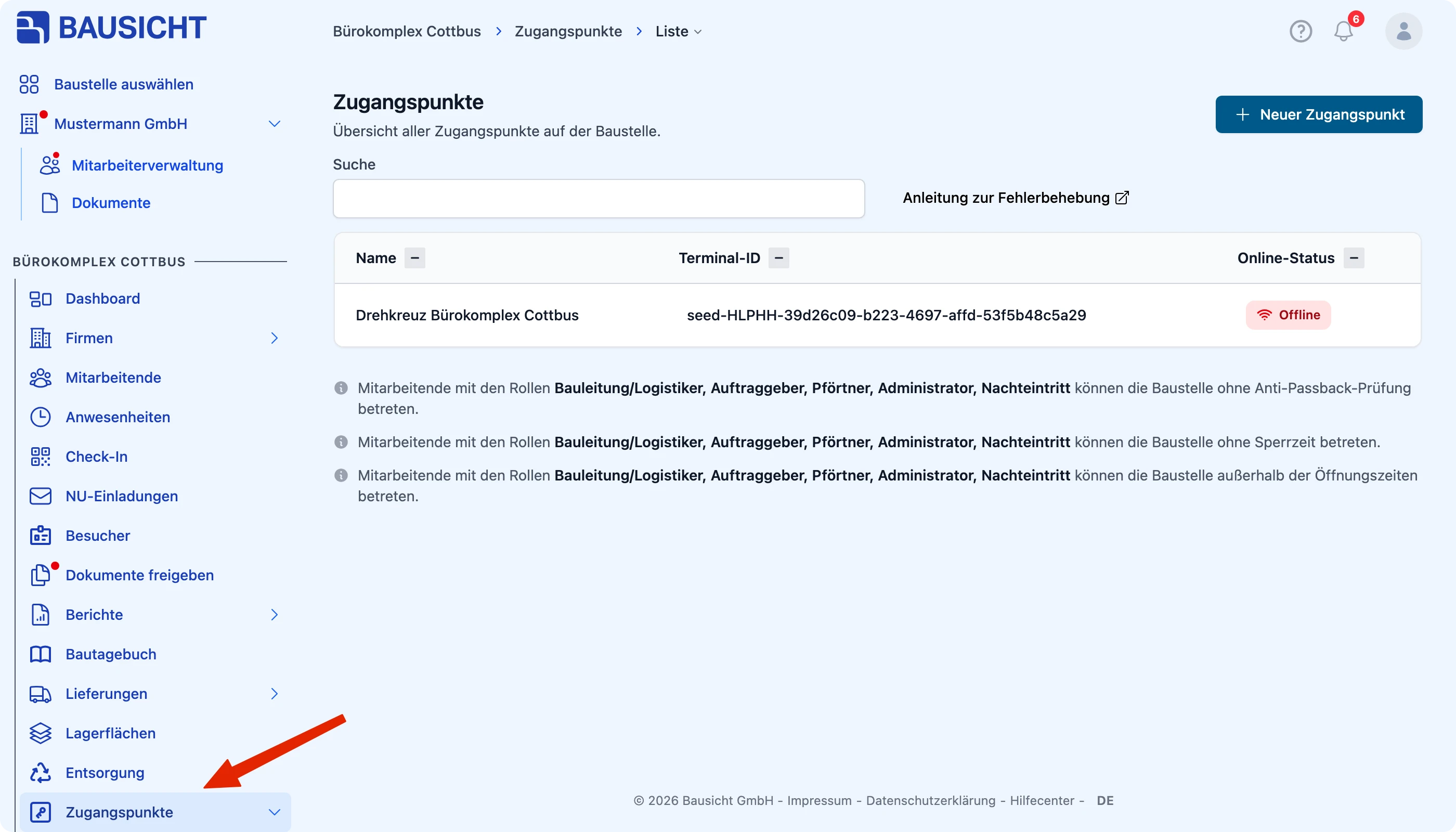 Bereich “Zugangspunkte” in der linken Navigation öffnen