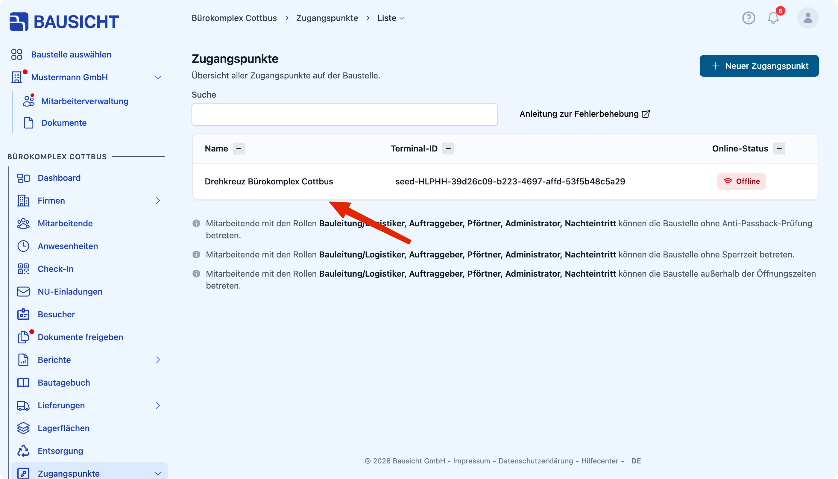 Zugangspunkt in der Liste auswählen